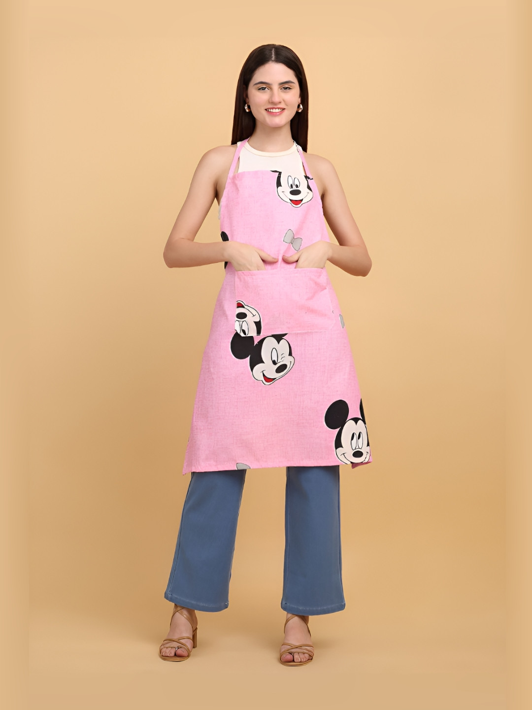 Arrabi Pink & Black Cartoon Printed Cotton Aprons With Pockets