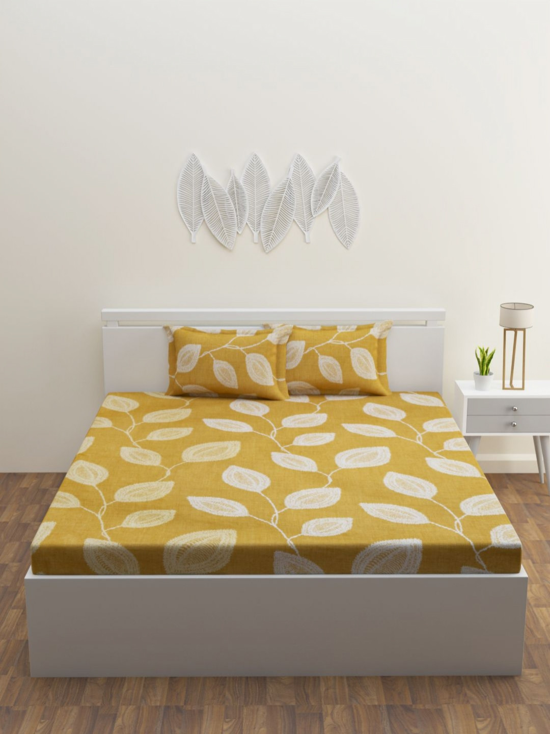 HAPPY HUES Yellow Leaf Cotton 180 TC King Bedsheet with 2 Pillow Covers-108 x 108 inches