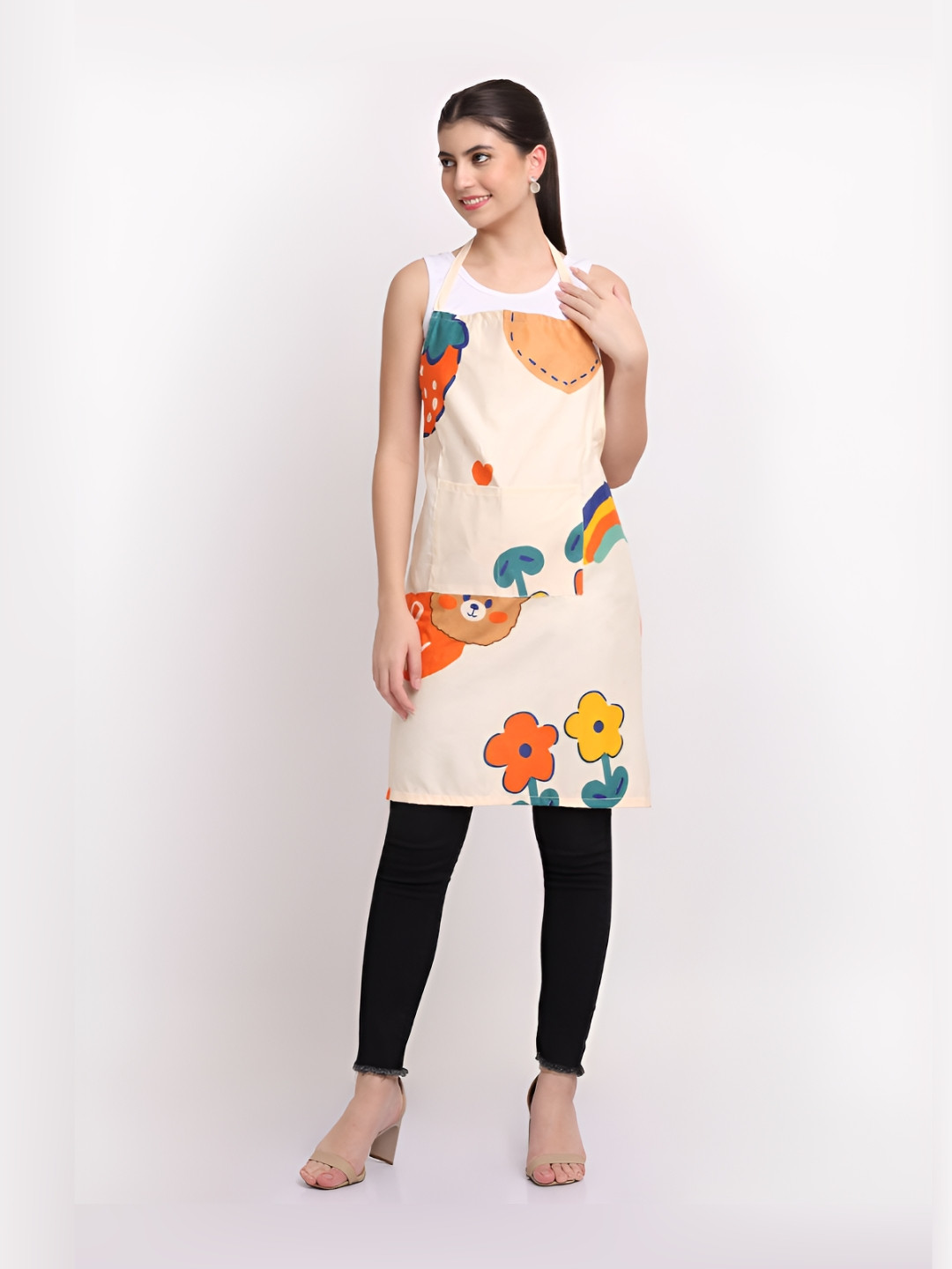 Arrabi Cream Coloured & Orange Coloured Printed Cotton Aprons With 2 Patch Pockets