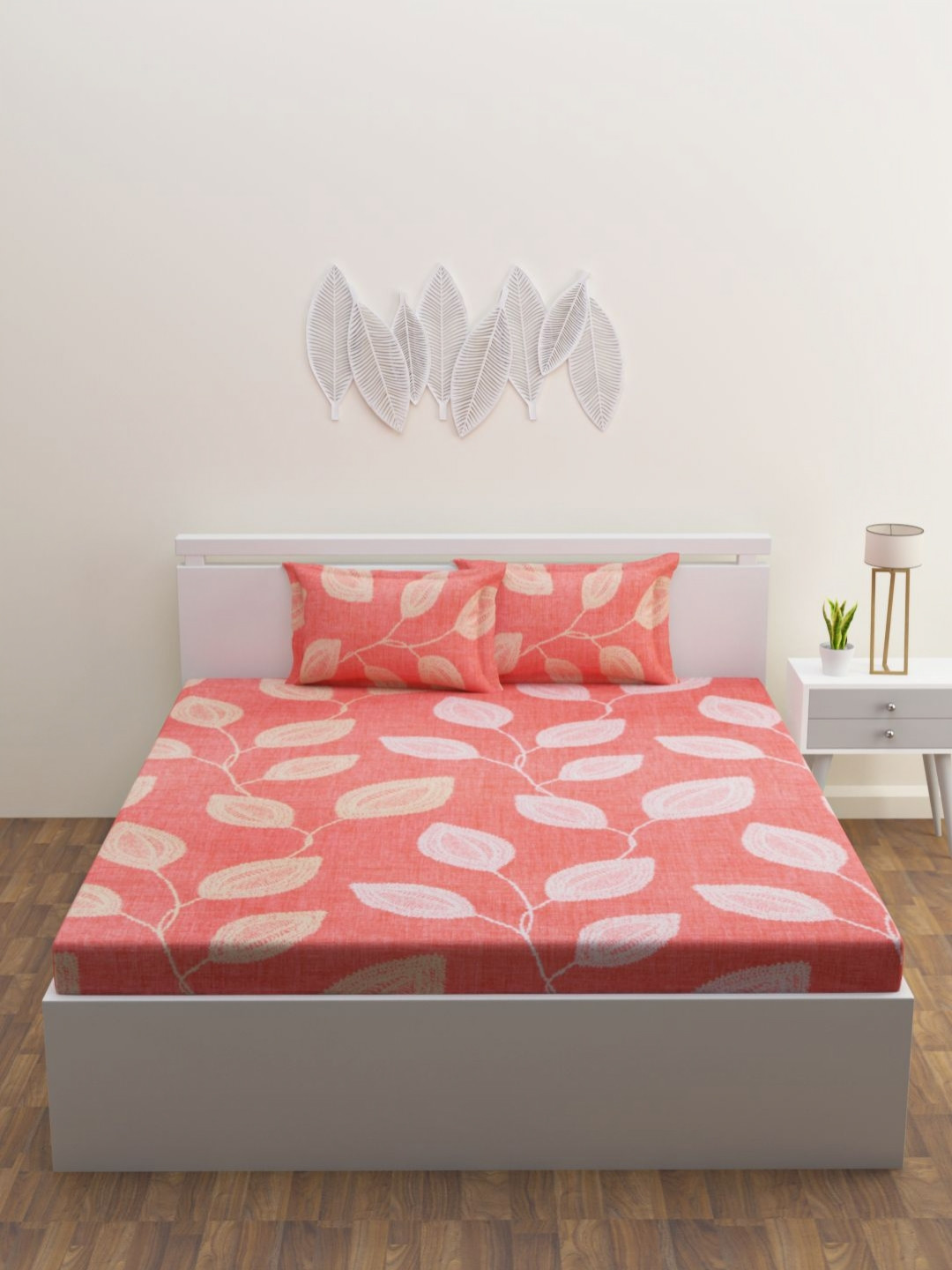 HAPPY HUES Maroon Leaf Cotton 180 TC King Fine Bedsheet with 2 Pillow Covers-274 x 274 cm