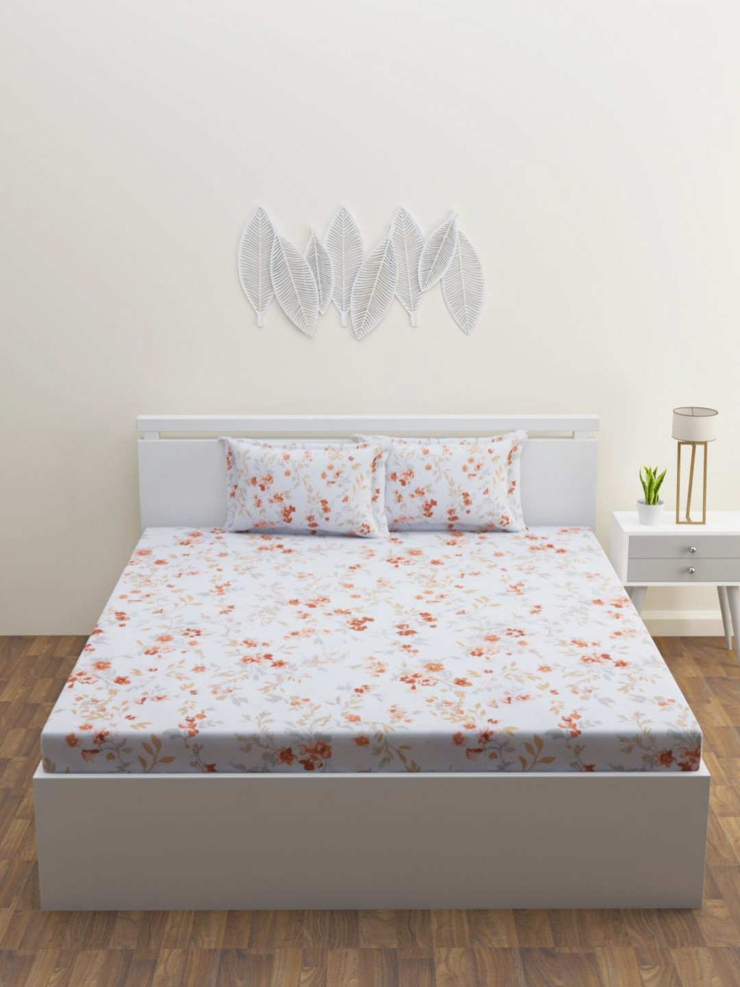 HAPPY HUES Tussah Collection Maroon Floral Cotton 180 TC Fitted King Bedsheet with 2 Pillow Covers-108 x 108 inches