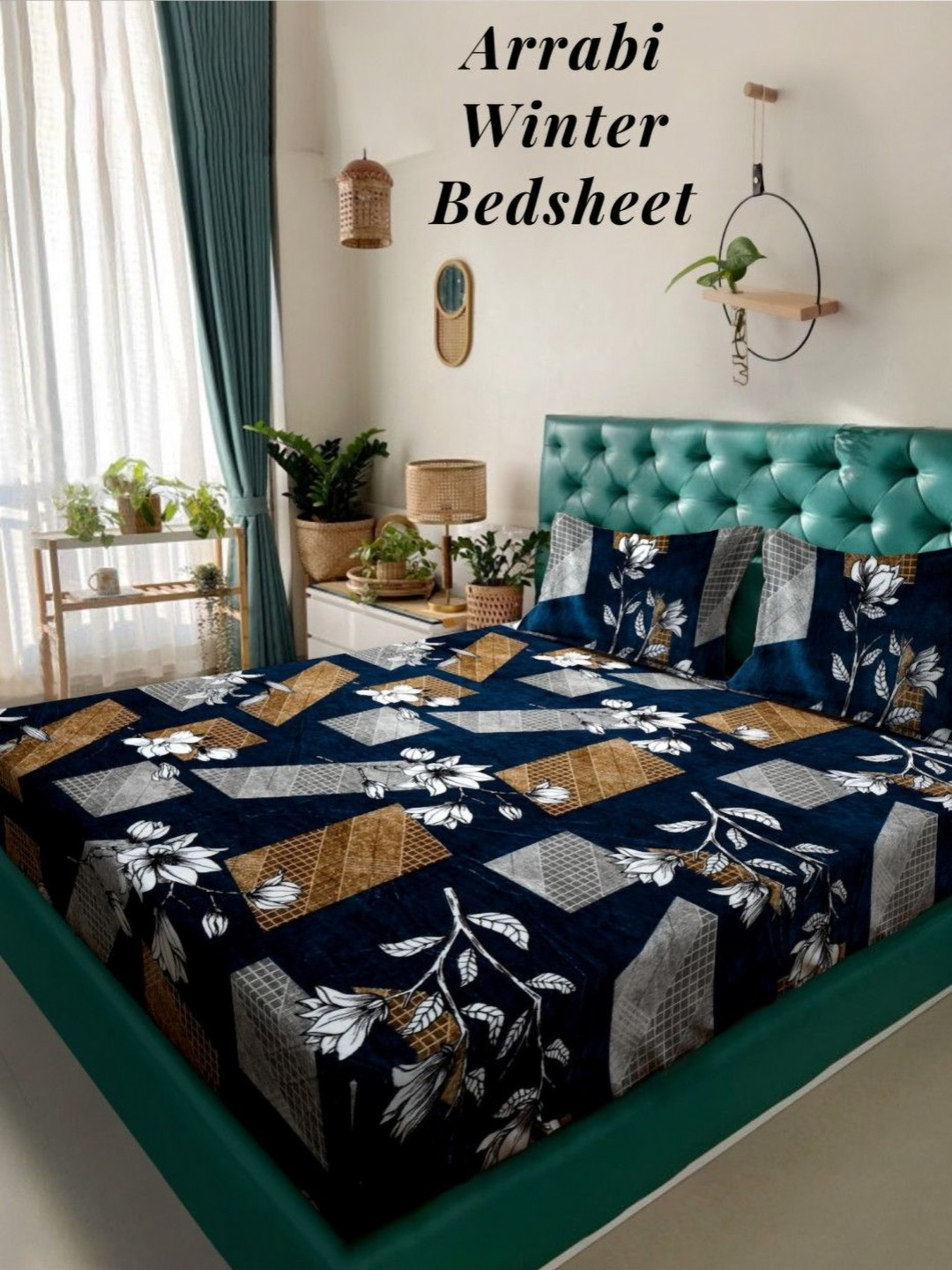 Arrabi Blue Floral Woollen 210 TC King Fine Warm Winter Bedsheet with 2 Pillow Covers