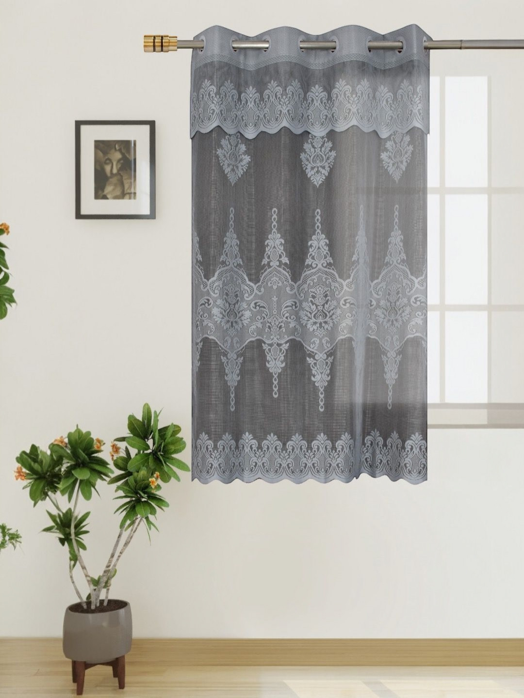 BIGGER FISH Grey Floral Sheer Window Curtain