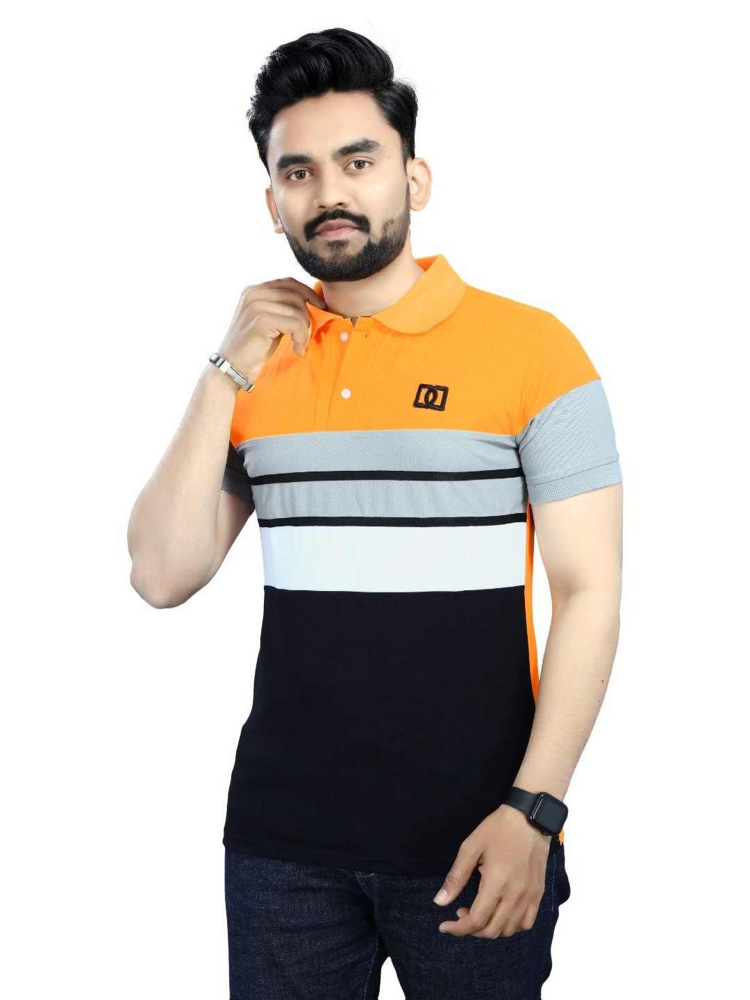 DYRECTDEALS Men Striped Polo Collar Applique T-shirt