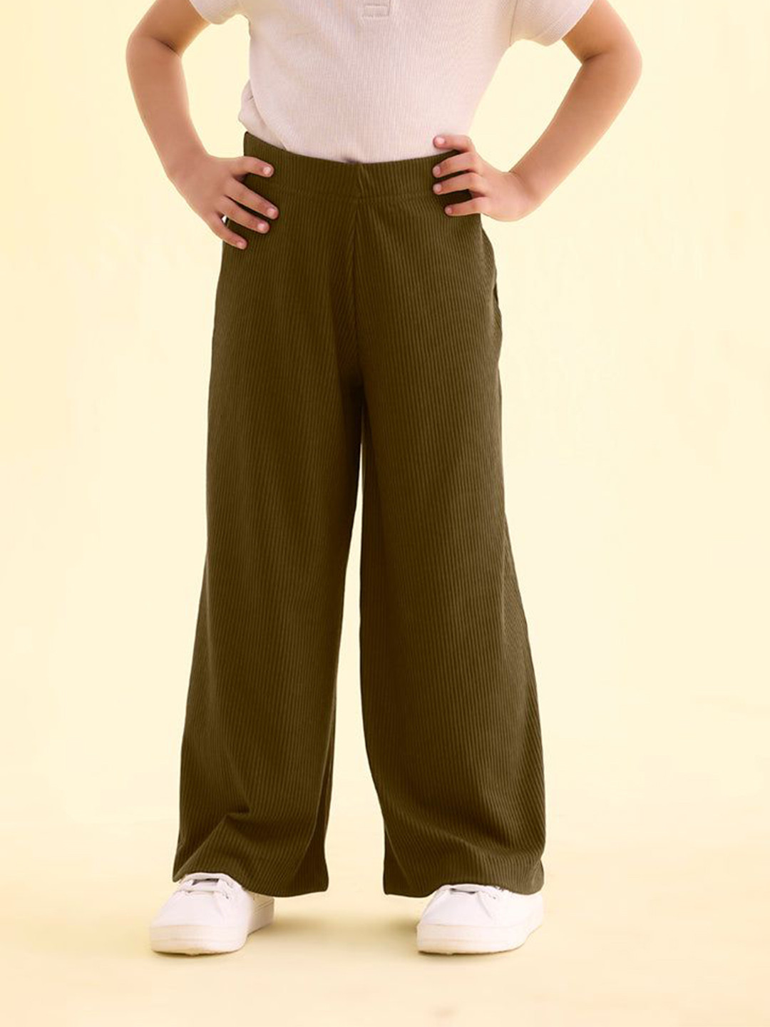 Go Colors Girls Mid Rise Ribbed Slip On Palazzos
