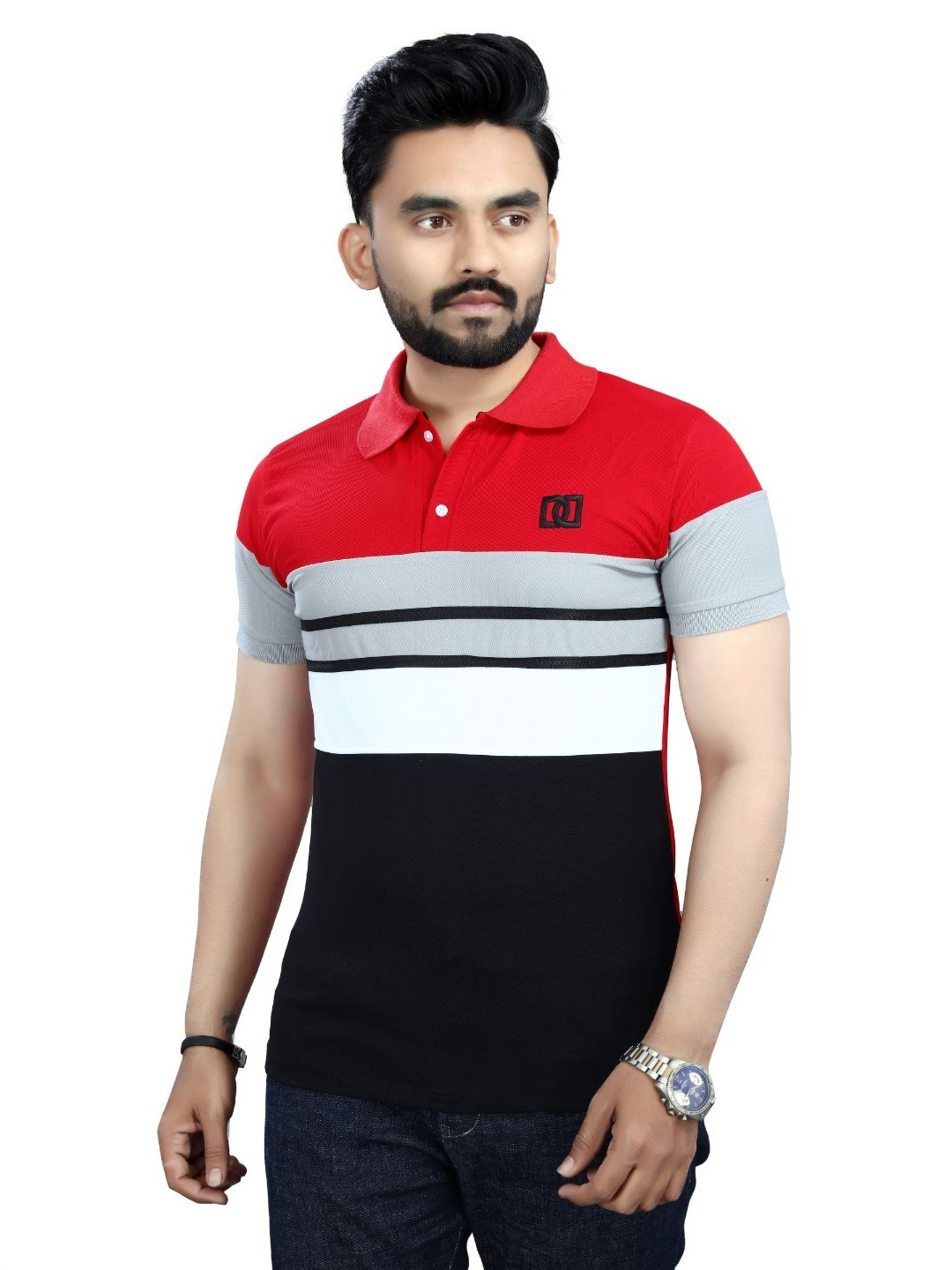 DYRECTDEALS Men Striped Polo Collar Applique T-shirt