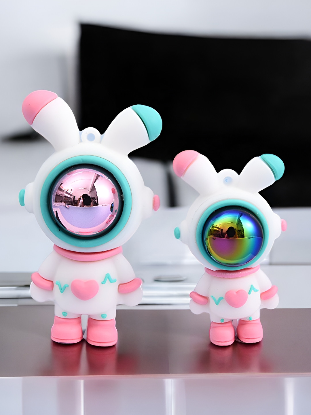 Spiaty Cute Rabbit Ear Astronaut White Plastic Matte Living Room Set of 2 Tiny Showpieces - 2.9 Inches