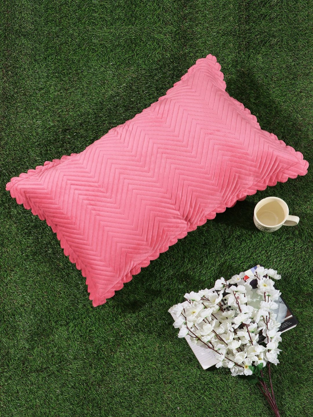HOSTA HOMES Pink Self Design Velvet Rectangle Pillow Cover
