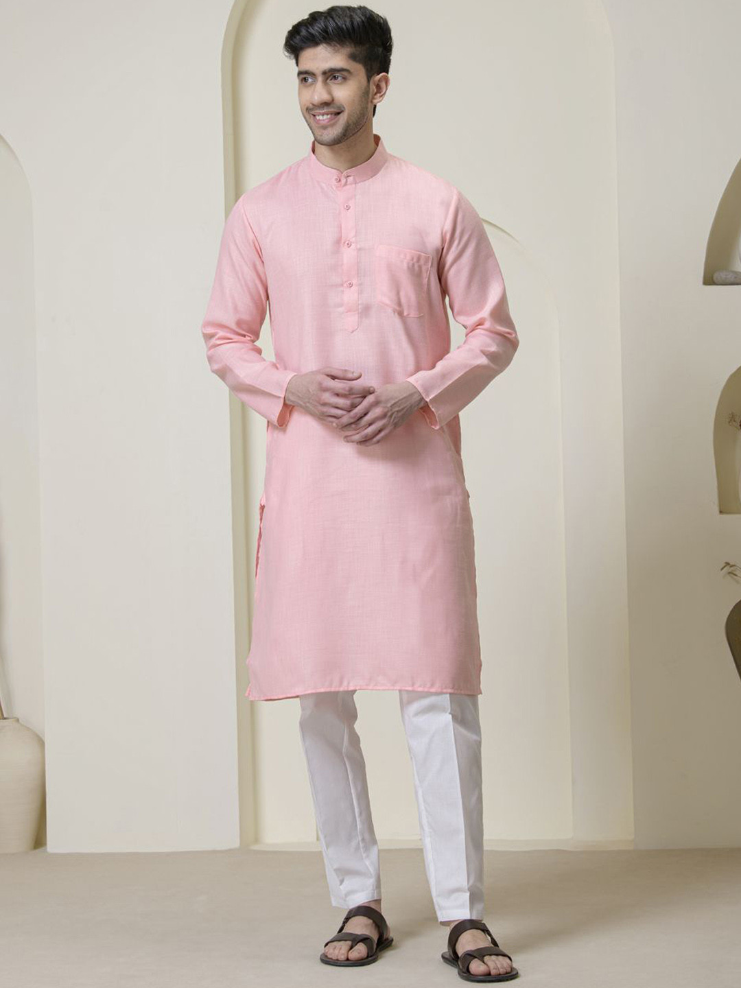 Satwaa Mandarin Collar Long Sleeves Cotton Straight Kurta