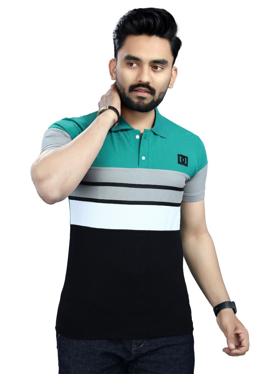 DYRECTDEALS Men Striped Polo Collar Applique T-shirt