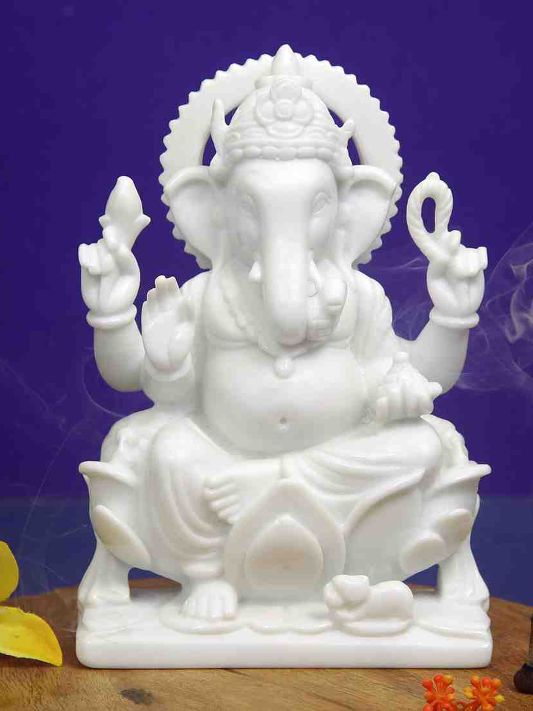 HANDICRAFTS PARADISE Sitting Ganesha White Marble Glossy Prayer Room Medium Showpiece - 6.2 Inches
