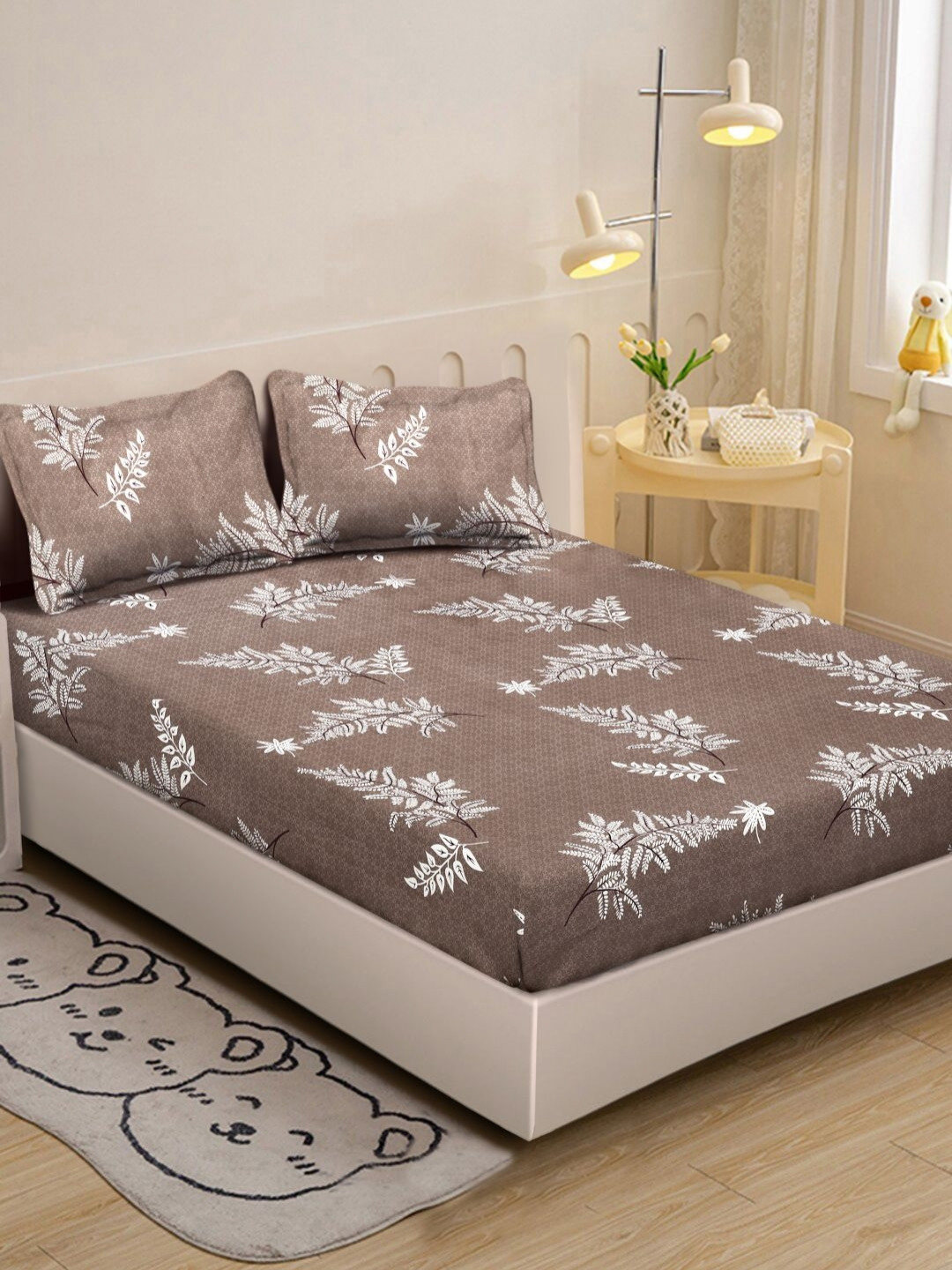 Aura Brown & Cream Coloured Floral Printed Flat 300TC Single Bedsheet With 2 Pillow Cover
