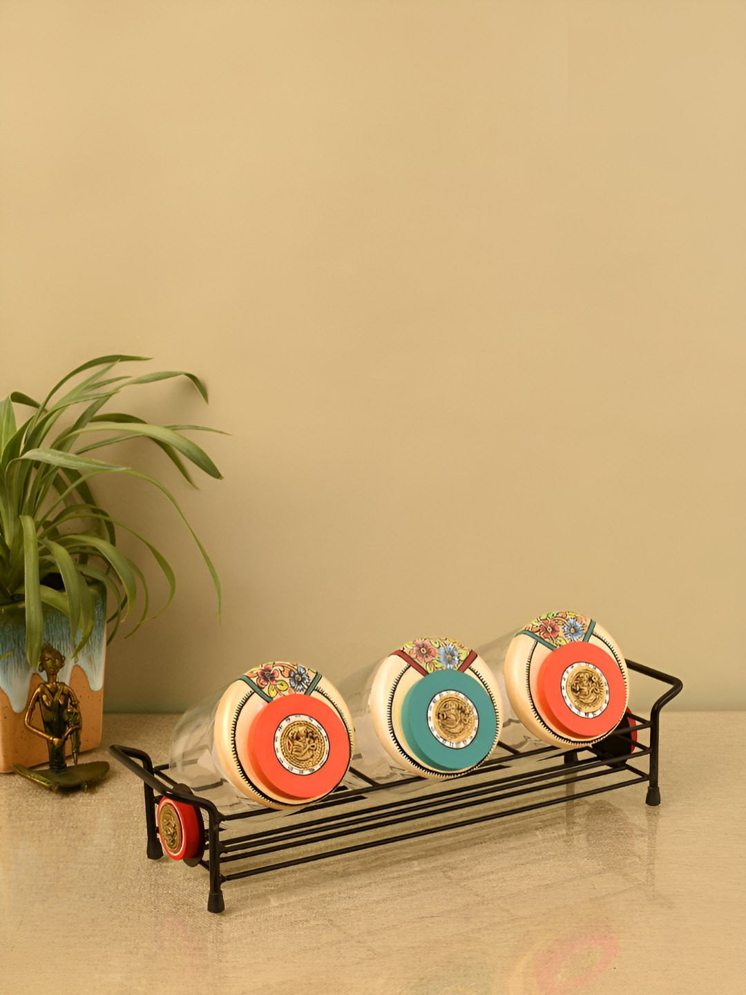 Aakriti Art Creations Sleek Transparent Floral Metal Dishwasher Safe 3 Piece Clip-On Canister