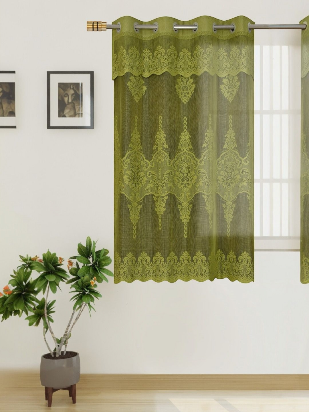 BIGGER FISH Green Floral Sheer Window Curtain