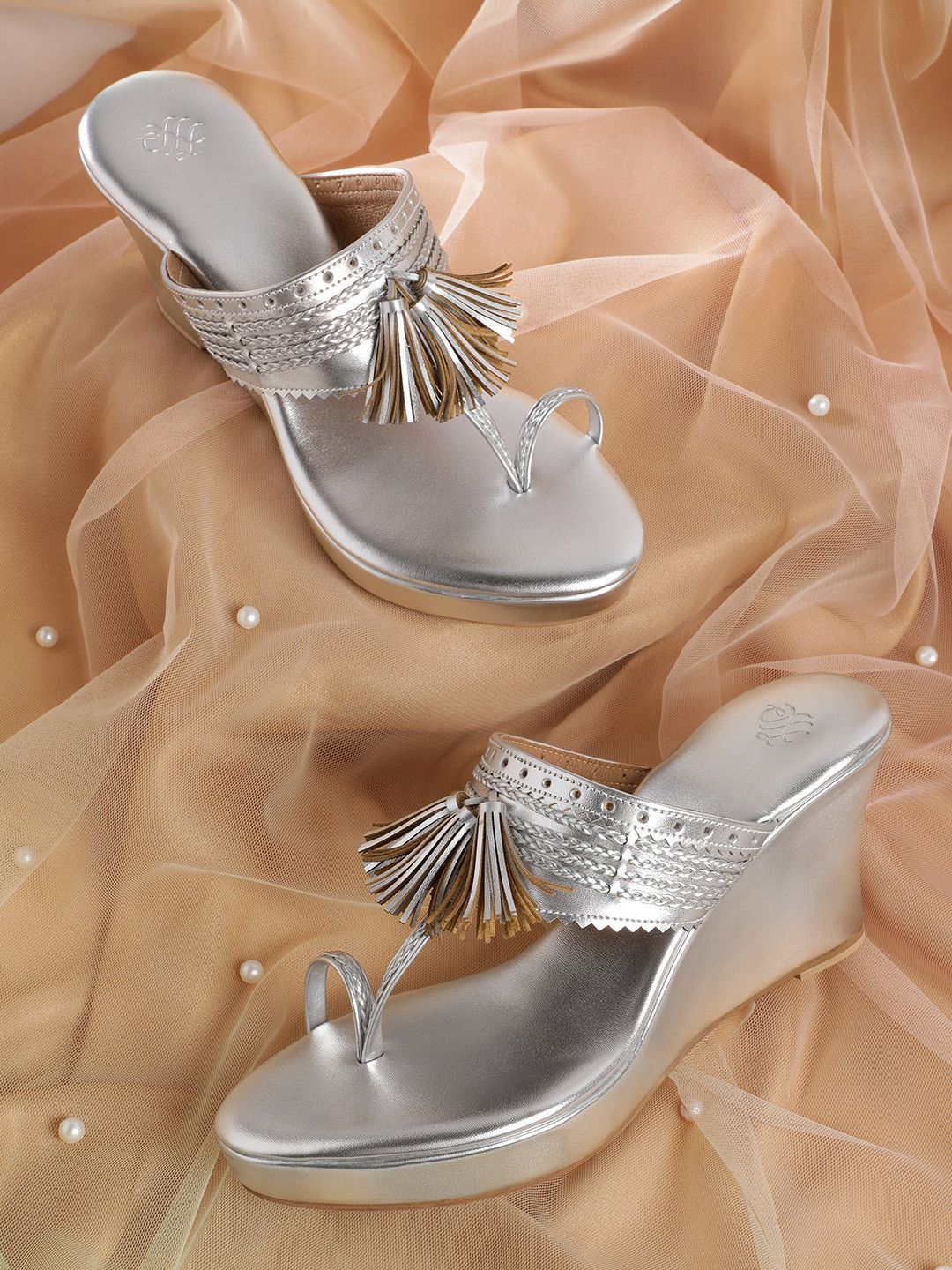 House of Pataudi Open-Toe Woven Design Wedge Heels with Tassels