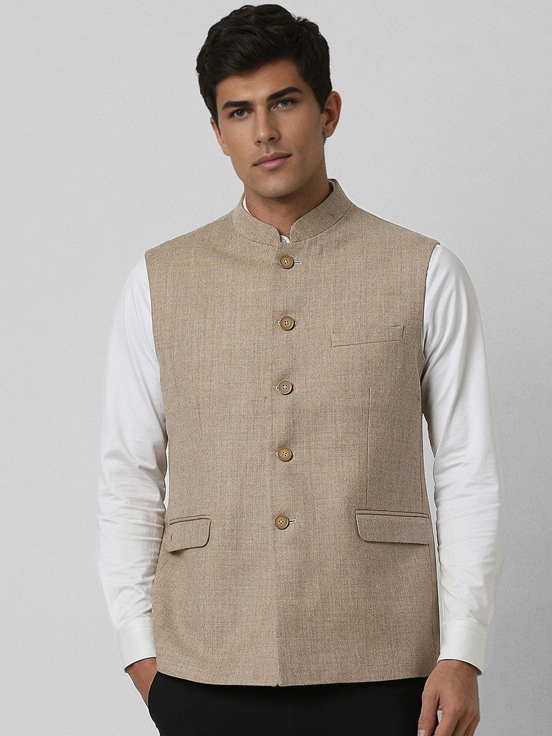 Van Heusen Men Textured Pure Wool Slim Fit Formal Nehru Jacket