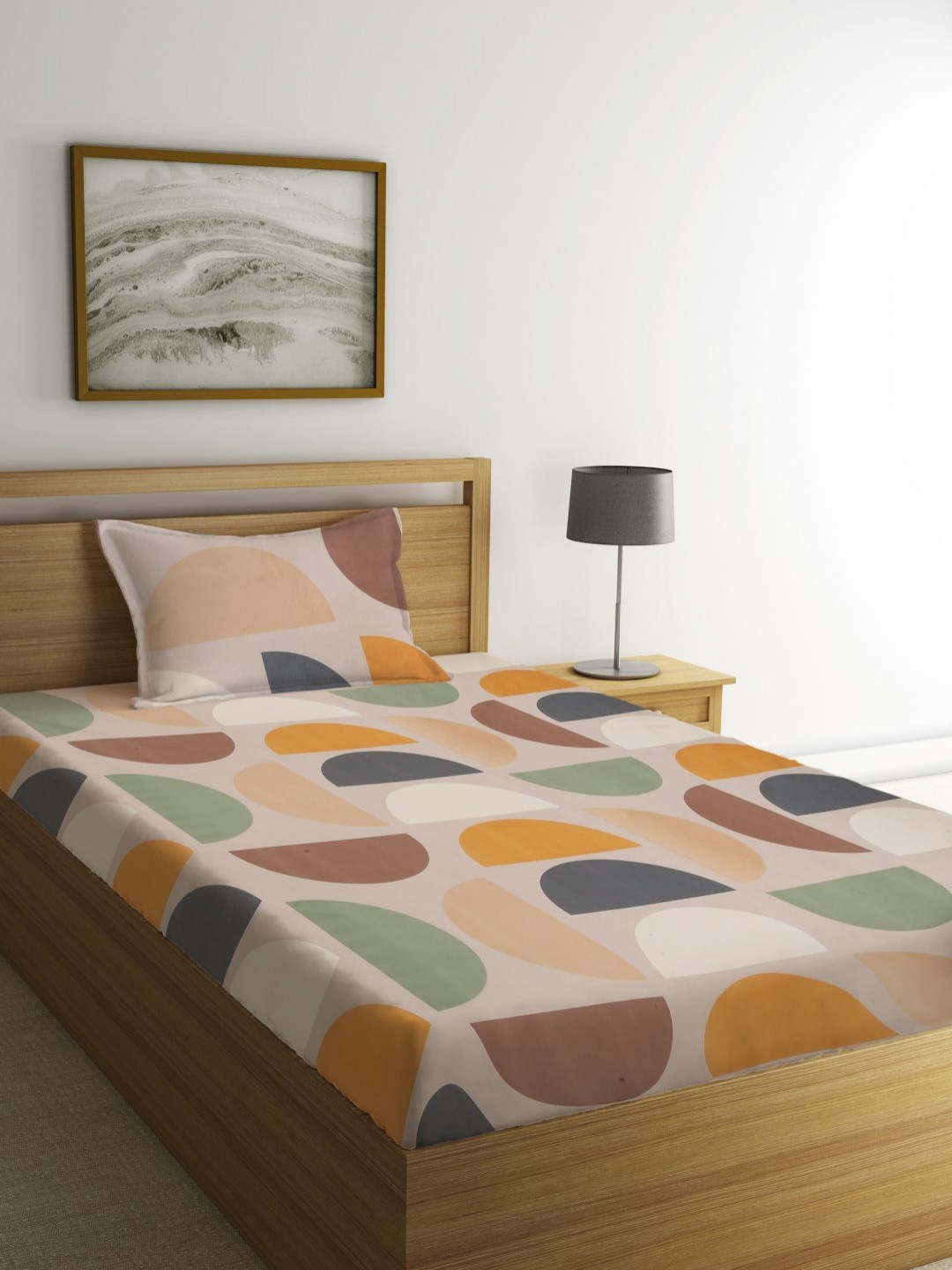 Aura Beige & Green Abstract Printed Flat 300TC Single Bedsheet With Pillow Cover