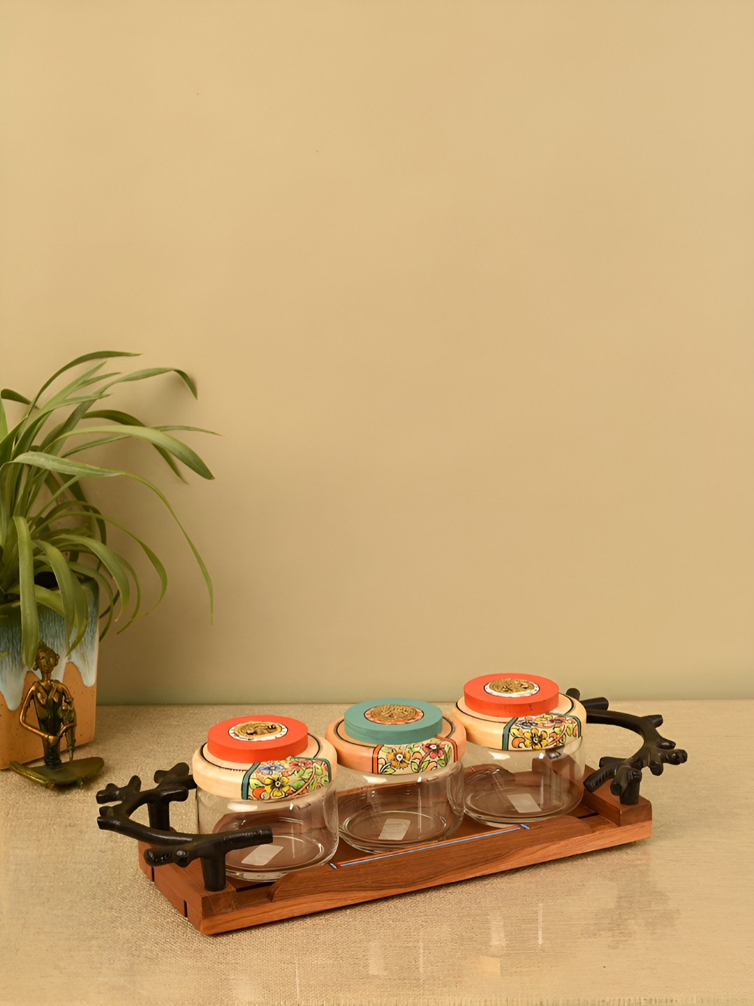 Aakriti Art Creations Transparent Floral Wood Dishwasher Safe 3 Piece Clip-On Canister