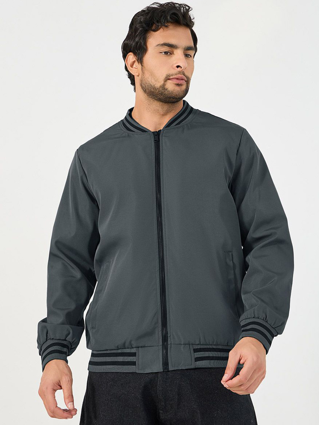 Styli Mandarin Collar Contrast Rib Detail Bomber Jacket