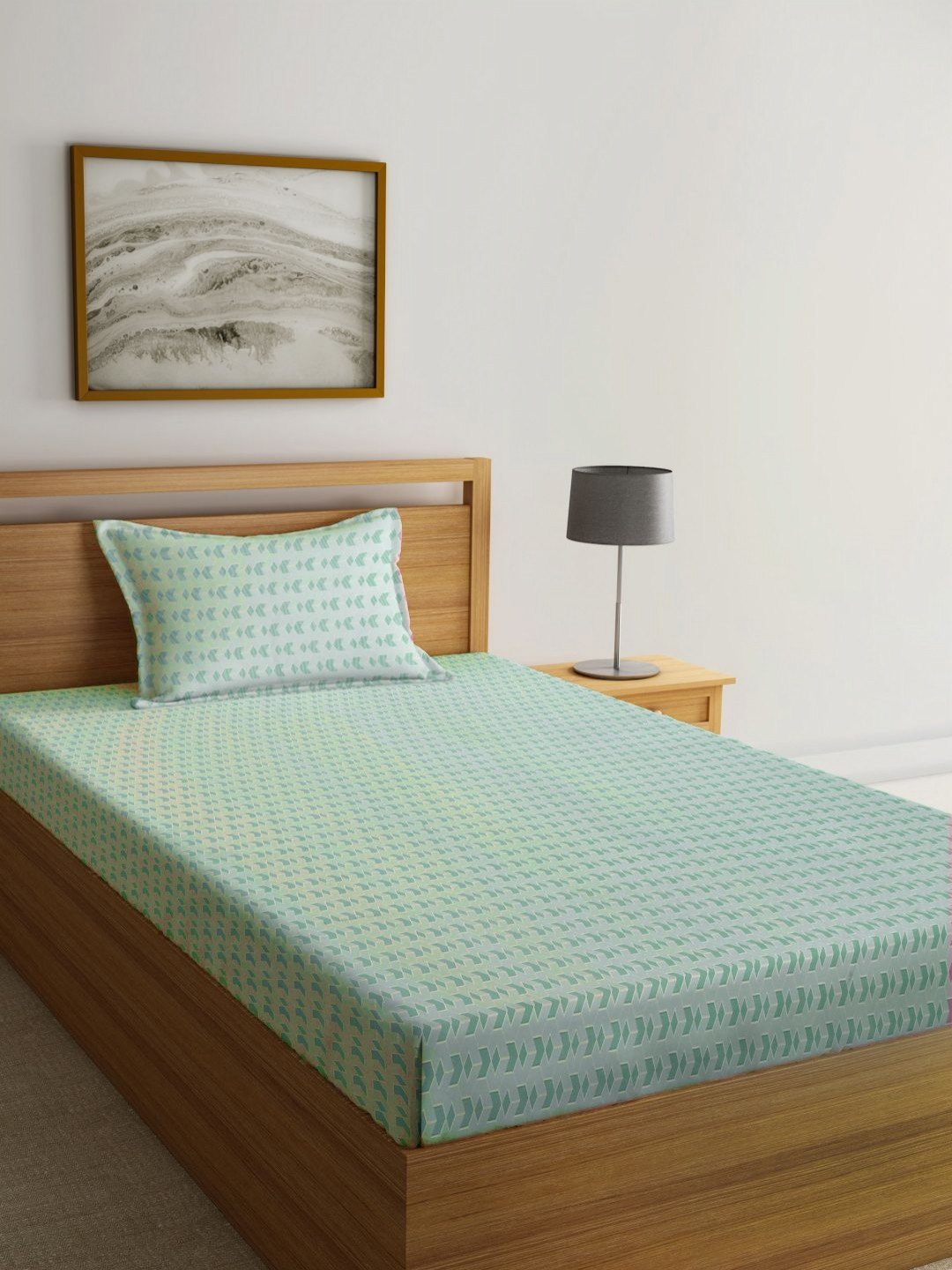 Aura Green & White Geometric Printed Flat 300TC Single Bedsheet With Pillow Cover