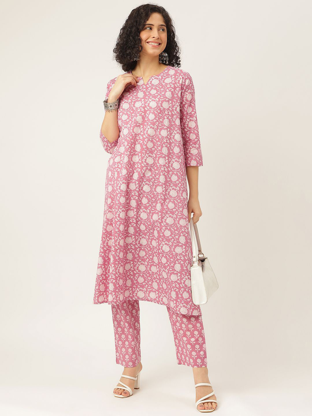 SPARSA Notch Neck Floral Printed Pure Cotton A-Line Kurta with Palazzos