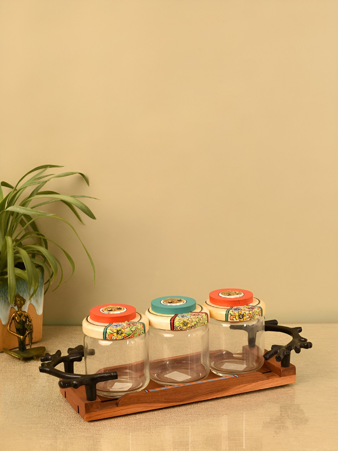 Aakriti Art Creations Leaf-Luxe Brown Floral Wood Dishwasher Safe 3 Piece Clip-On Jar