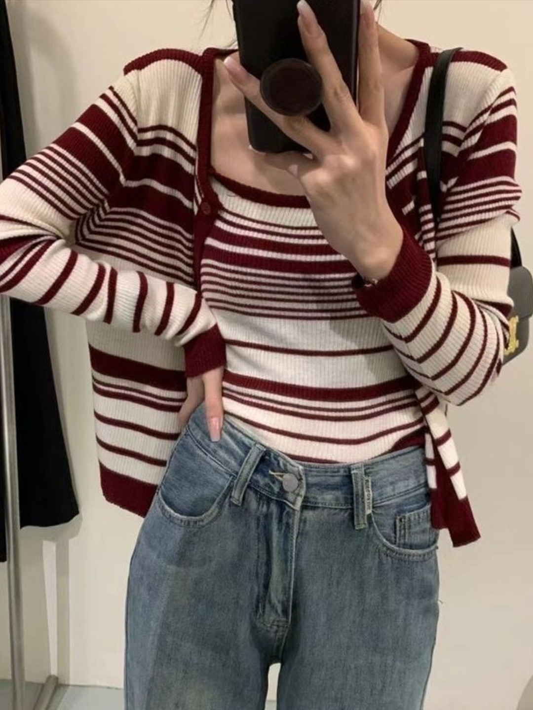 HERE&NOW Red Striped Sleeveless Round Neck Top With Jacket