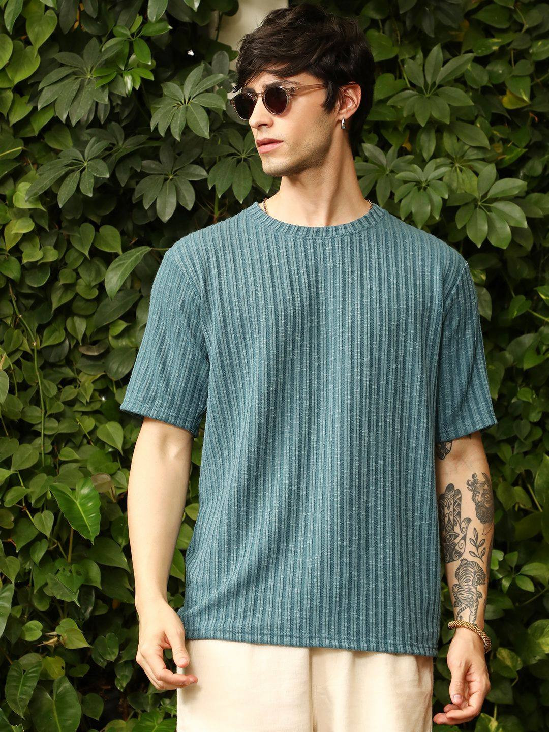 CAHOOT Men Drop-Shoulder Sleeves Sugarcane-Ribbed Oversized Cotton T-shirt