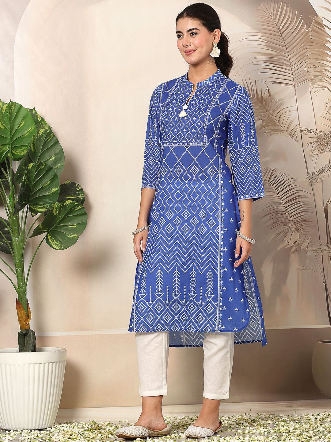 Nayam By Lakshita Blue Ethnic Motifs Printed Sequinned Mandarin Collar High-Low Straight Kurta