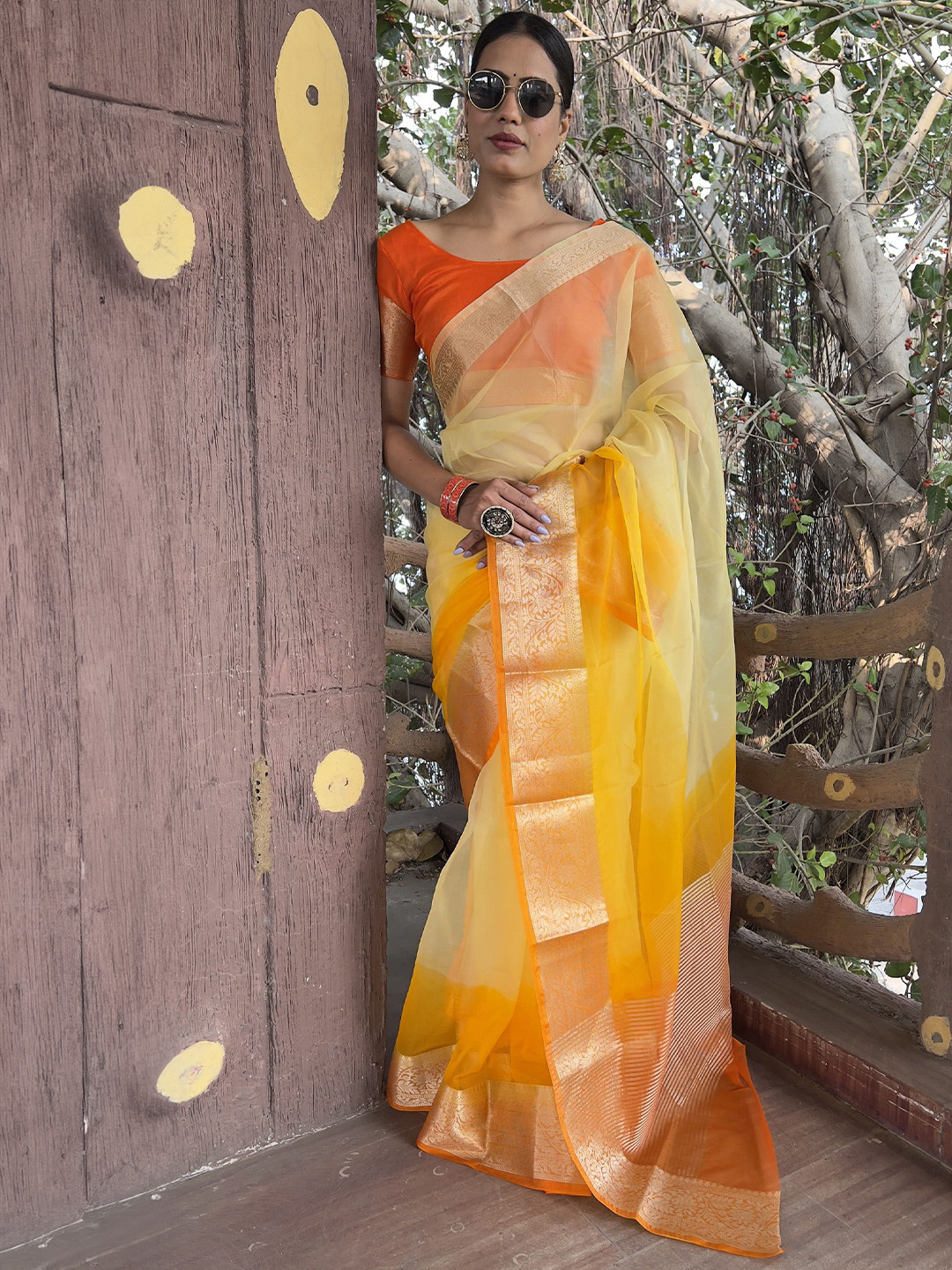 V3 FASHION STUDIO Zari Border Ombre Organza Saree