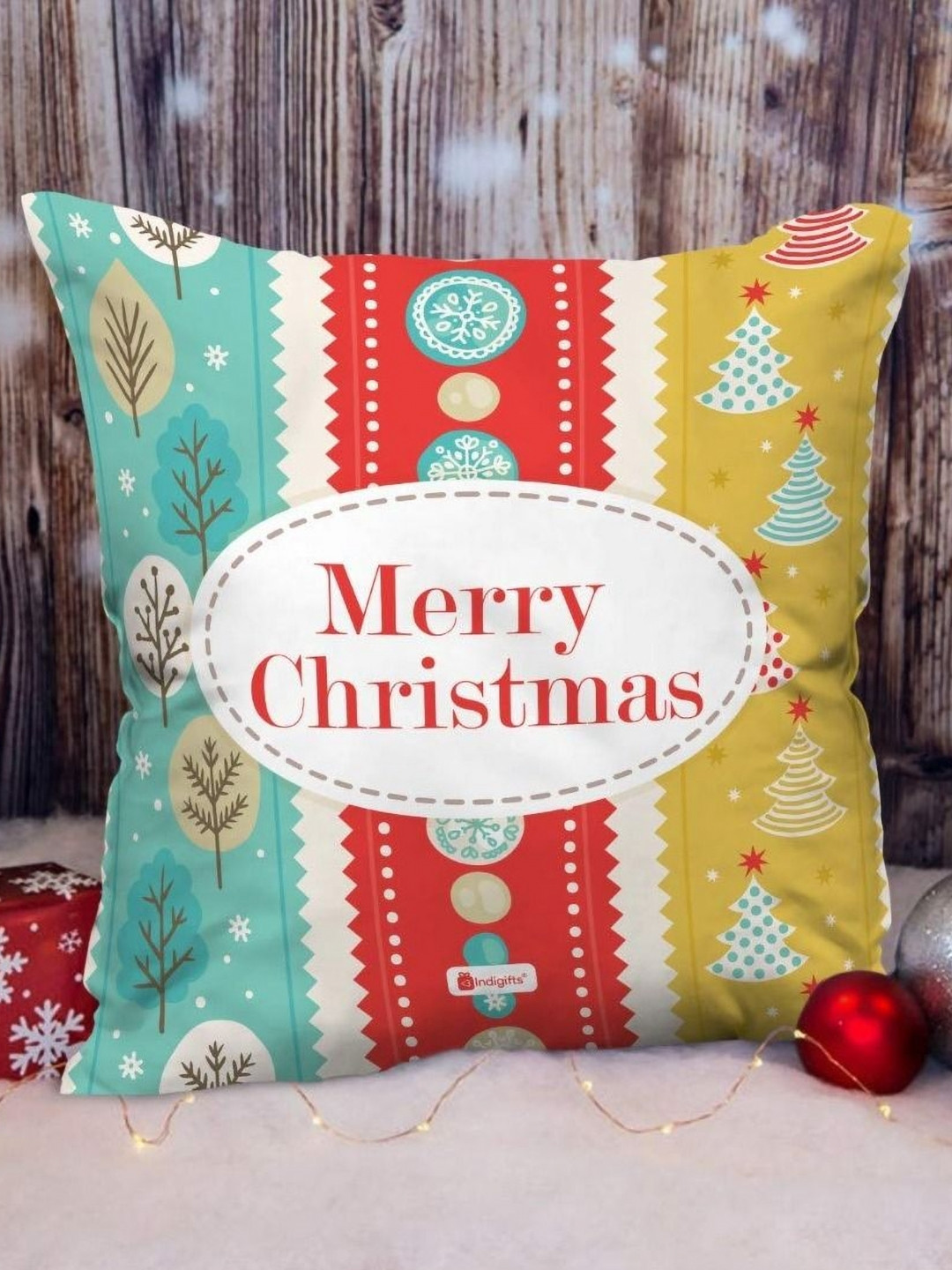 Indigifts Merry Christmas Conversational Polycotton Lightweight Cushion Cover - 18x18In