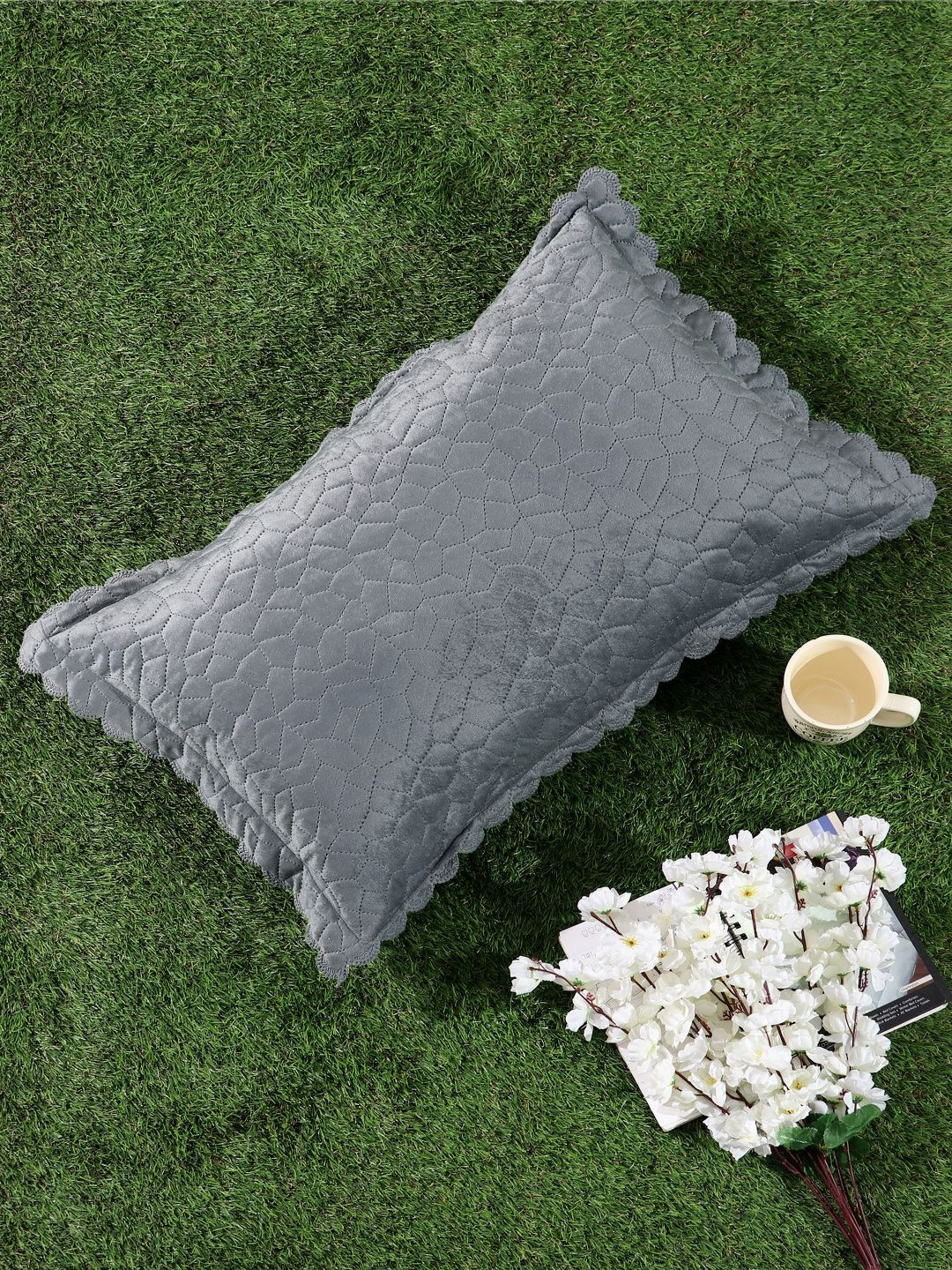 HOSTA HOMES Grey & White Self Design Velvet Rectangle Pillow Cover