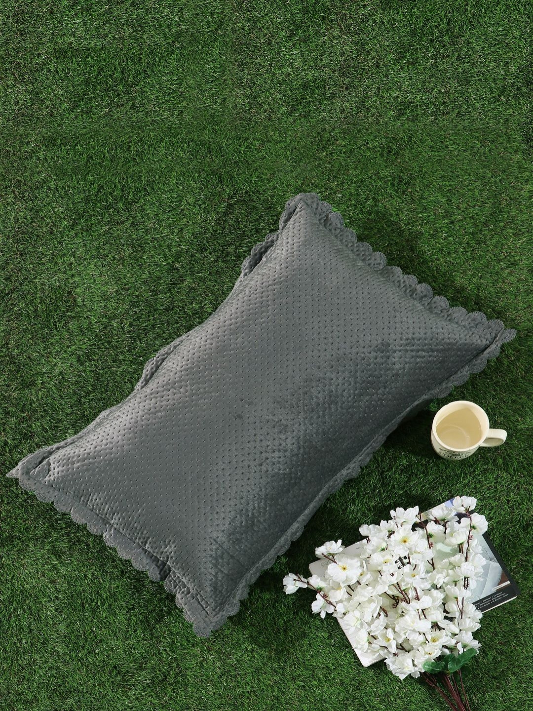 HOSTA HOMES Grey Self Design Velvet Rectangle Pillow Cover
