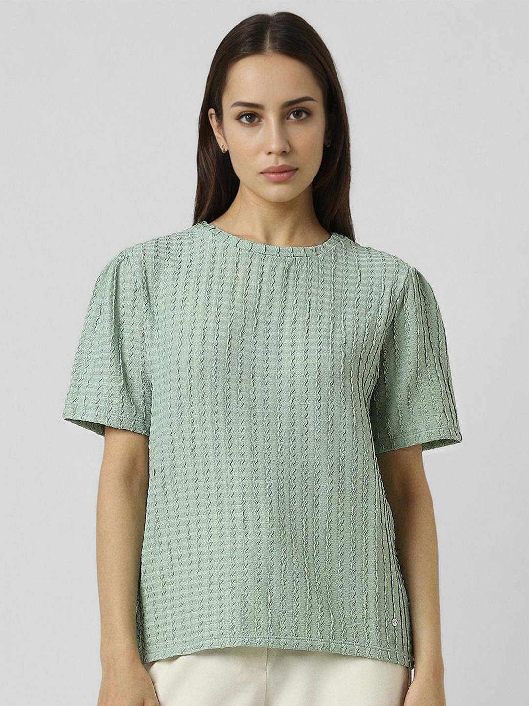 Van Heusen Woman Round Neck Short Sleeves Self Design Casual Top