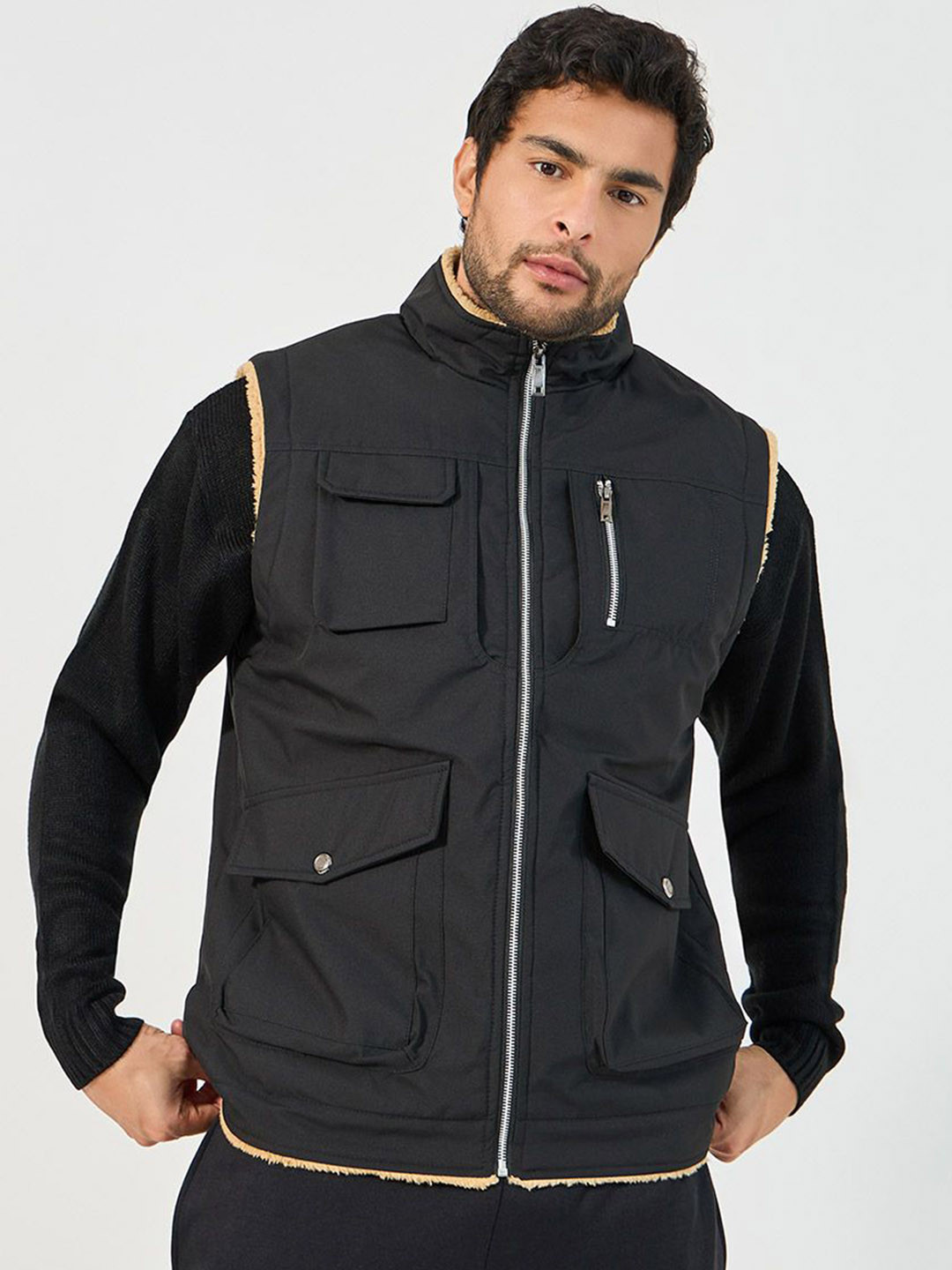 Styli Sherpa Zip Up Stand Collar Gilet Tailored Jacket