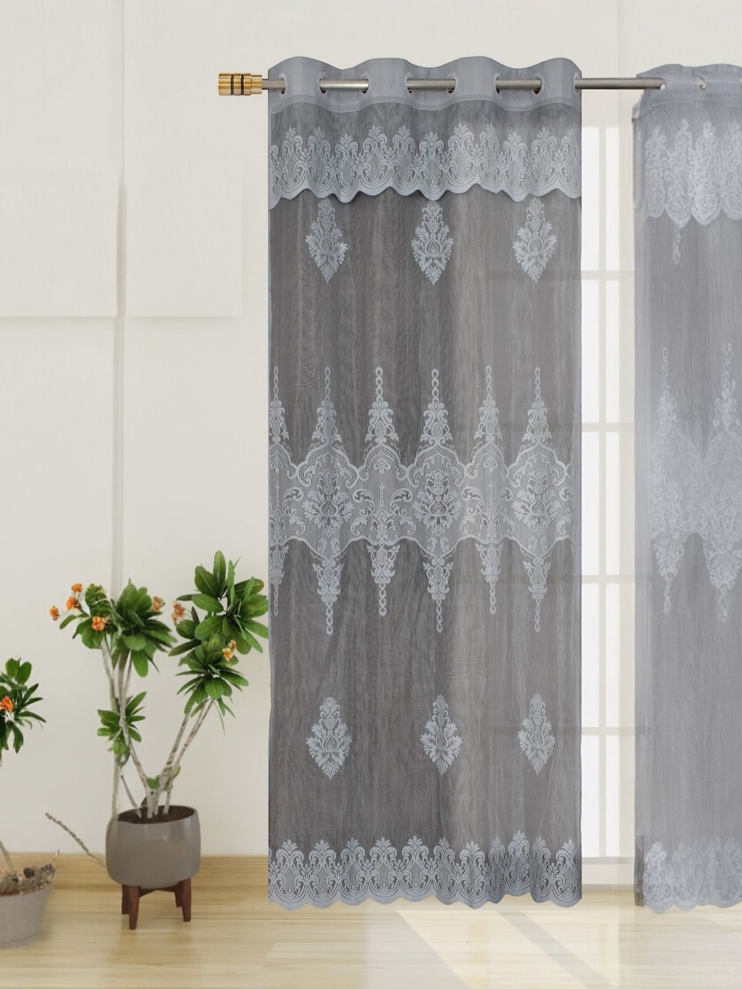 BIGGER FISH Grey Floral Sheer Door Curtain