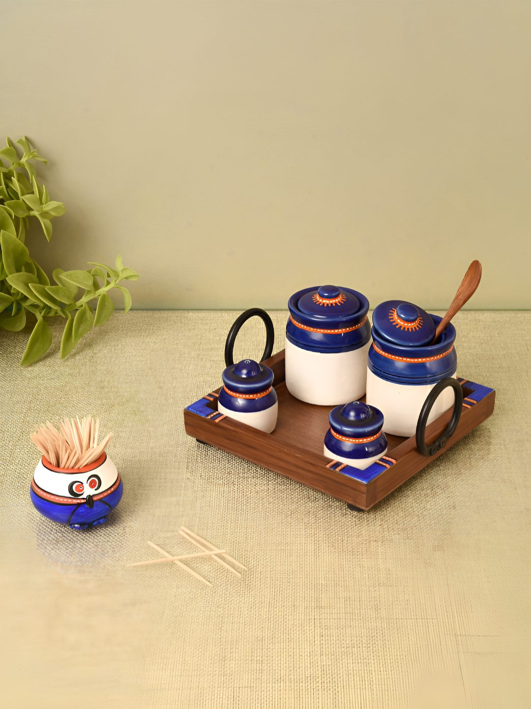 Aakriti Art Creations Blue Wood Dishwasher Safe 5 Piece Clip-On Canister