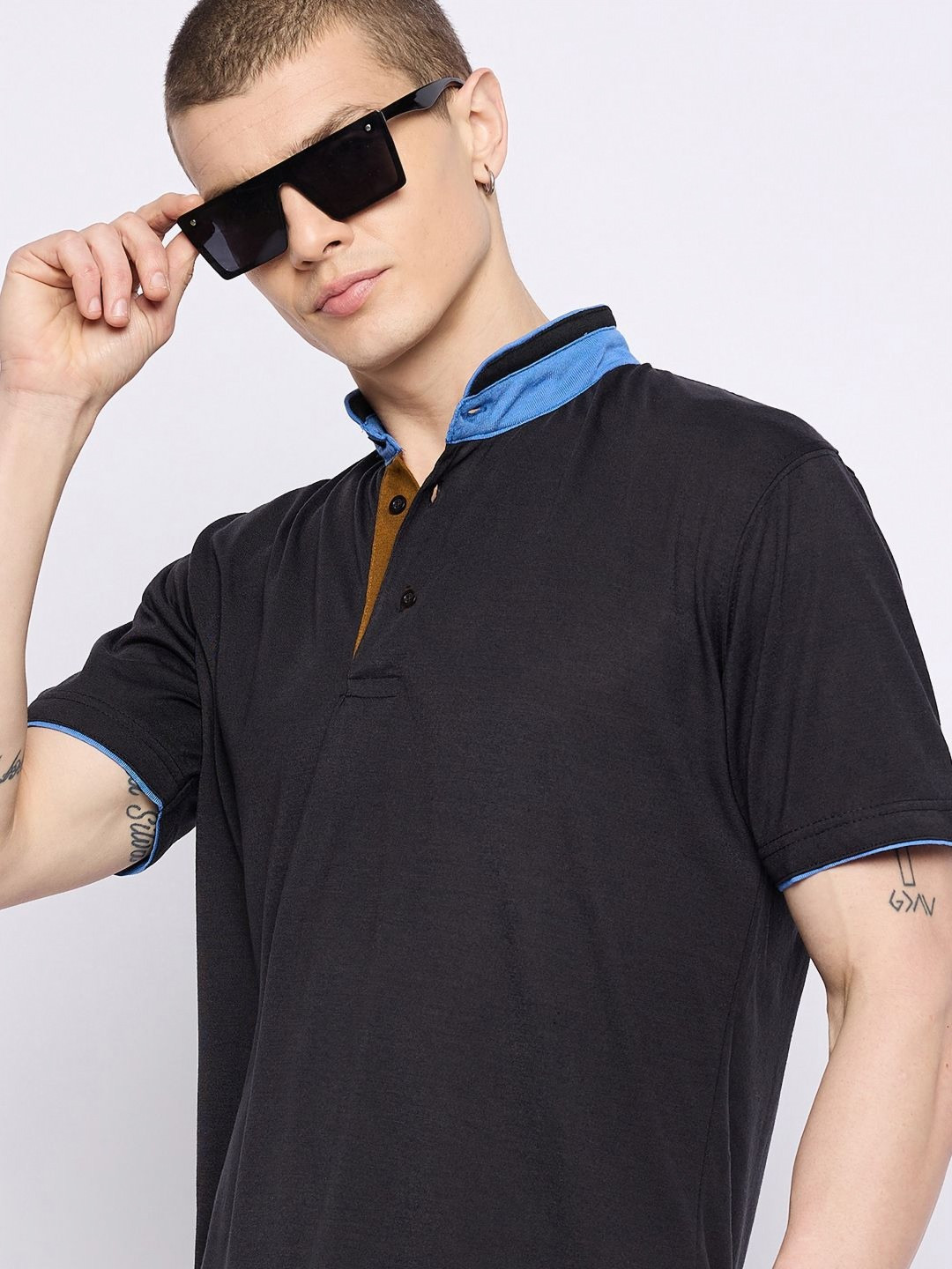 GET GOLF Men Solid Mandarin Collar Cotton T-shirt