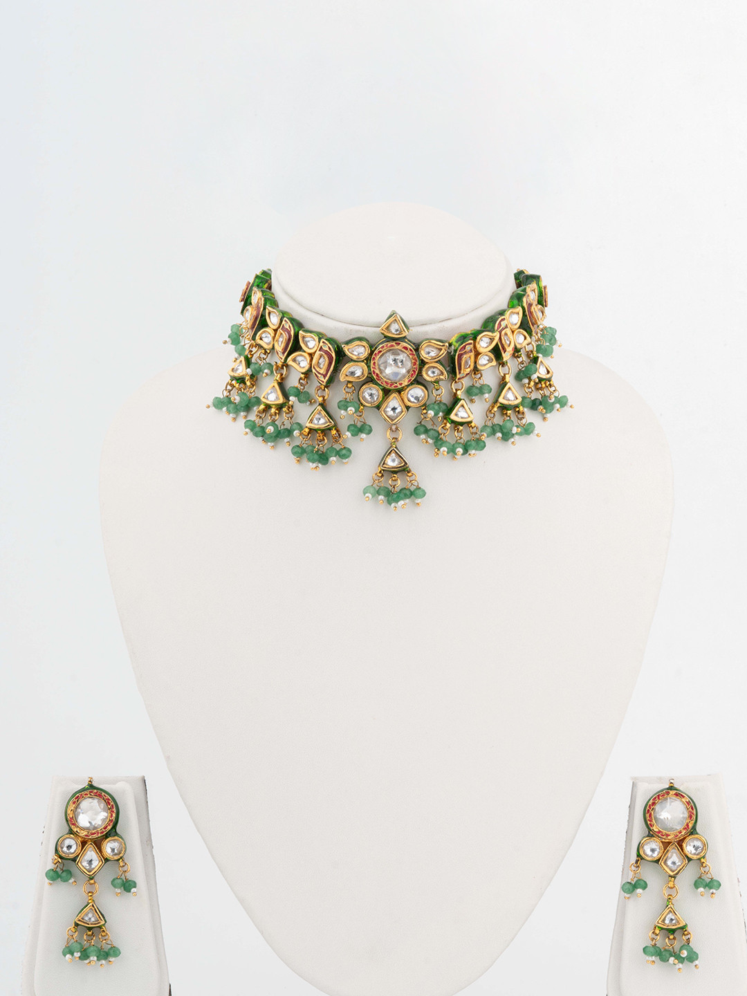 vivinia BY VIDHI MEHRA Womens Gold Plated Green Kundan Necklace Set With Earrings