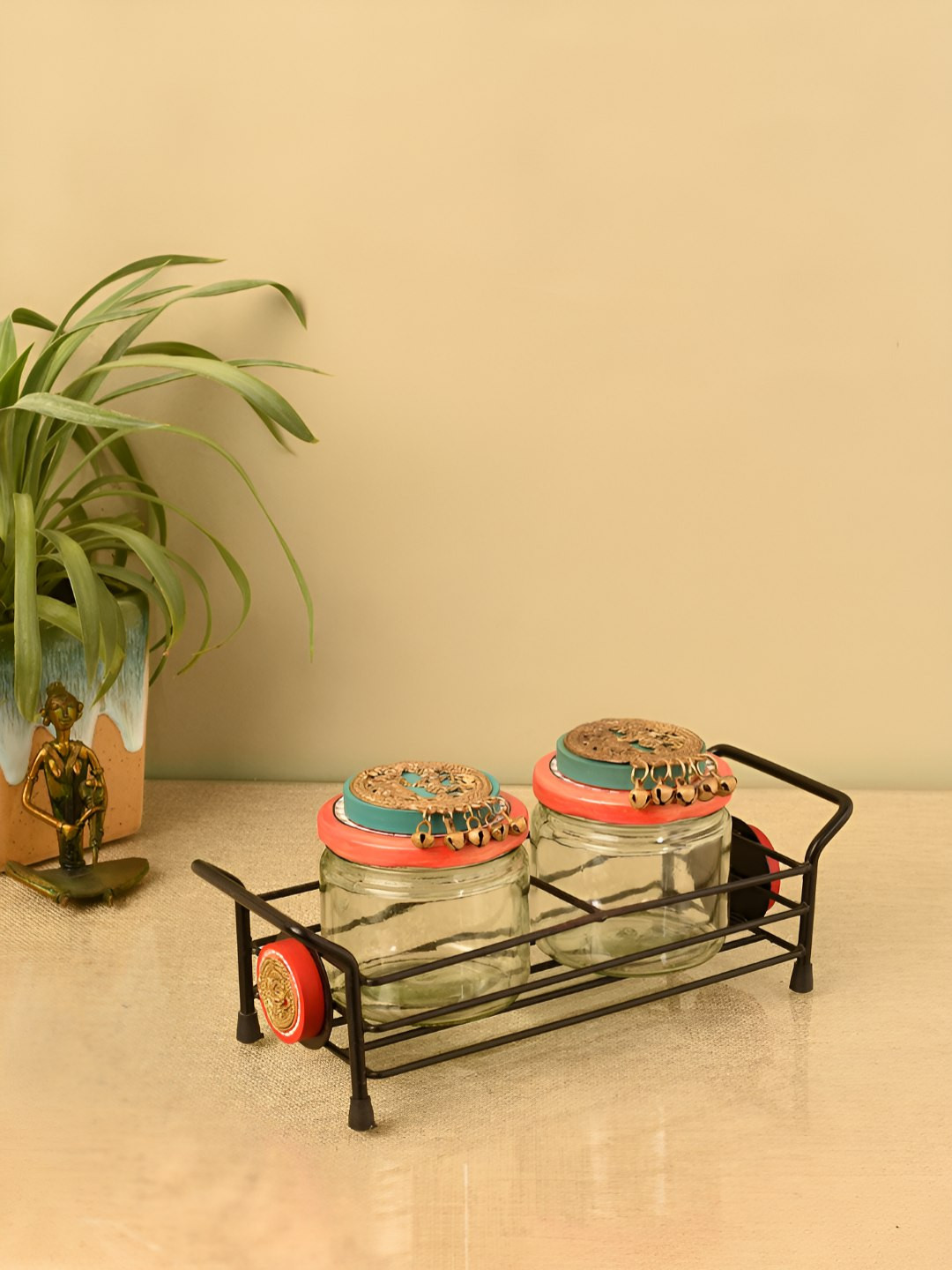 Aakriti Art Creations Orange Wood Dishwasher Safe 2 Piece Clip-On Canister