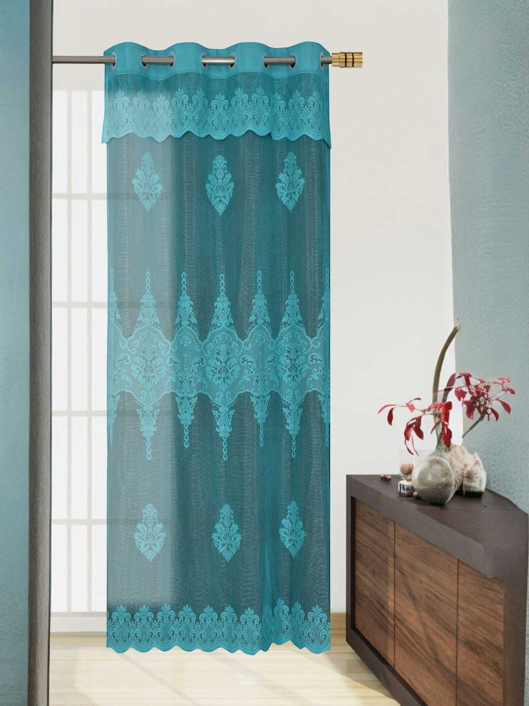 BIGGER FISH Blue Floral Sheer Long Door Curtain