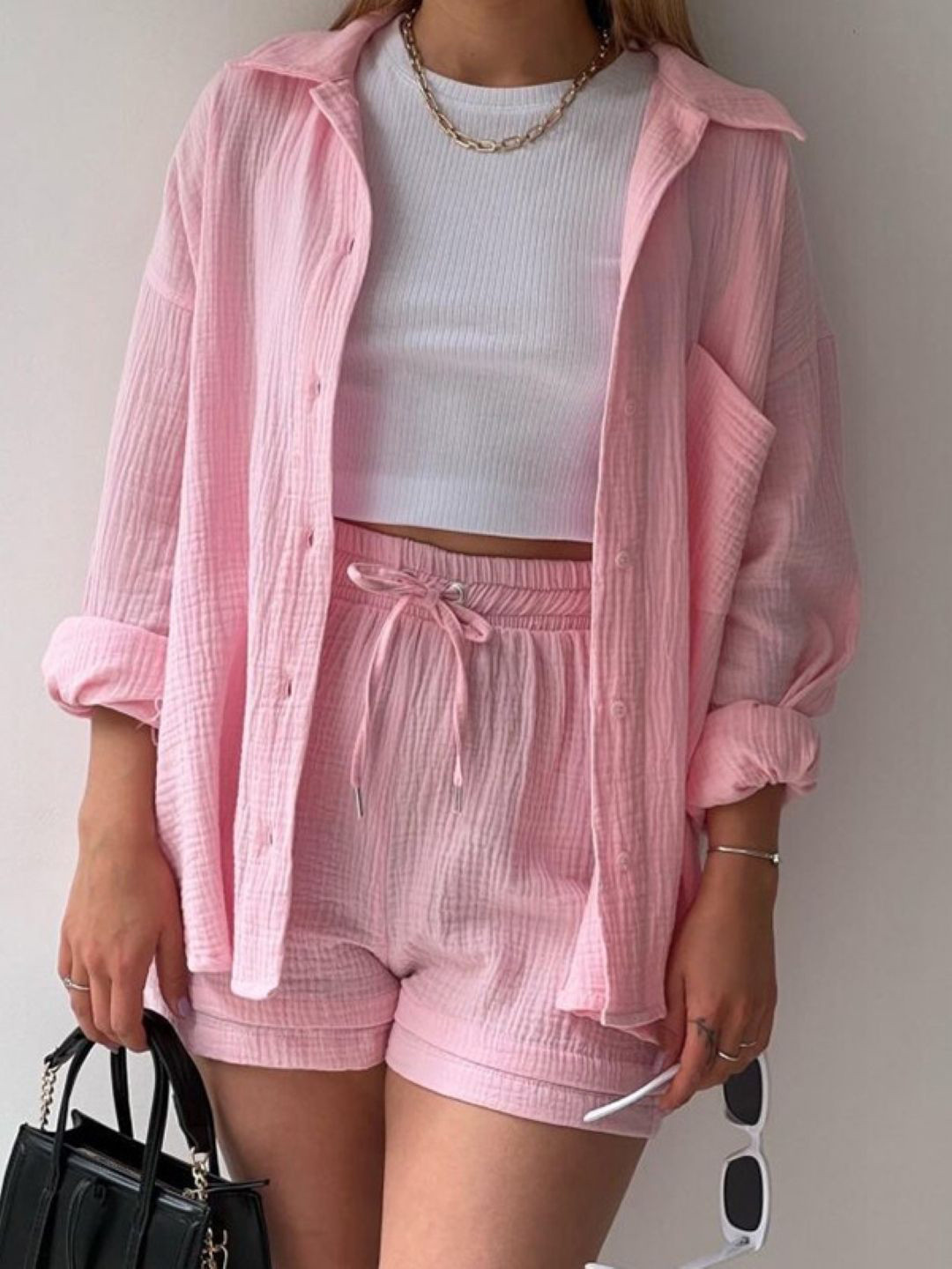 HERE&NOW Pink Long Sleeves Shirt With Shorts