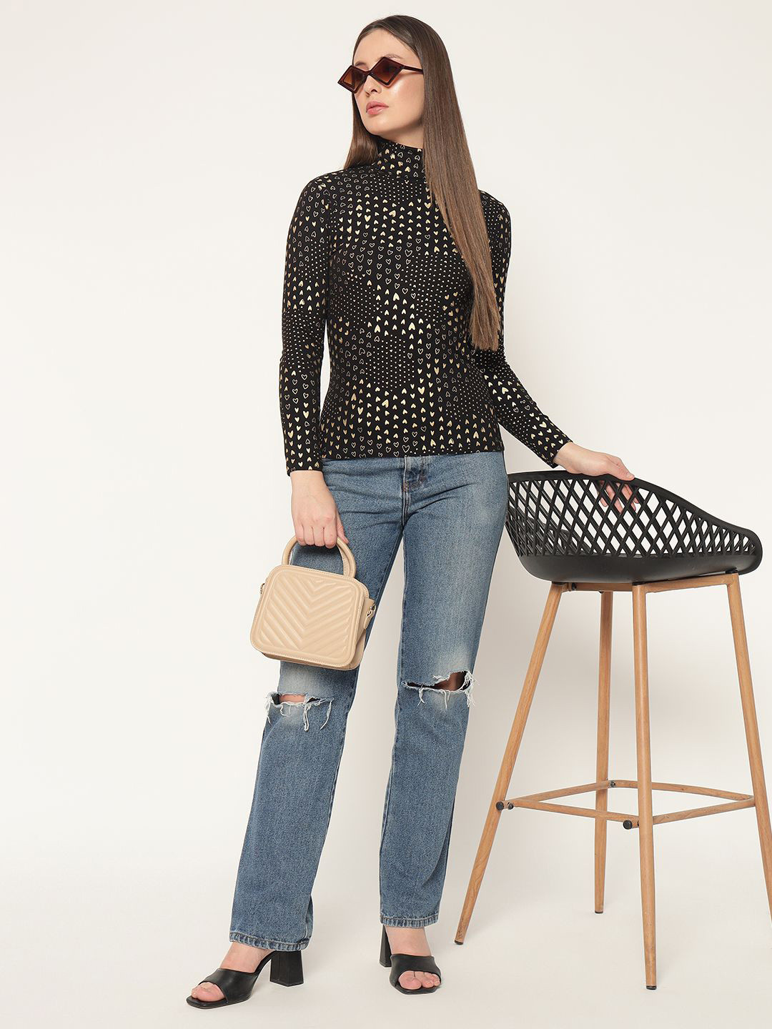 LE BOURGEOIS Women Print High Neck Long Sleeves Top