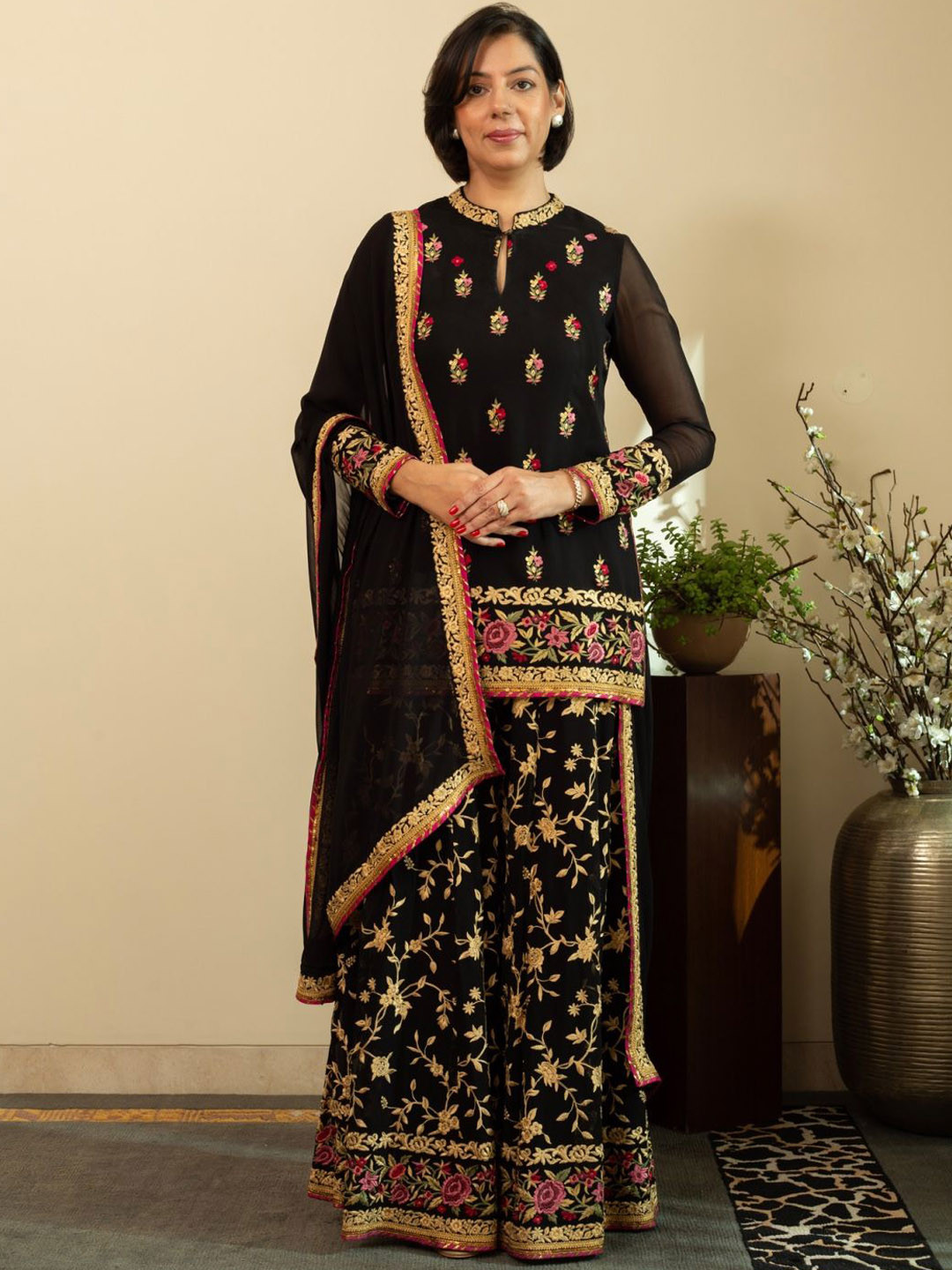 HOUSE OF INARI Floral Embroidered Thread Work Silk Georgette Kurti with Sharara & Dupatta