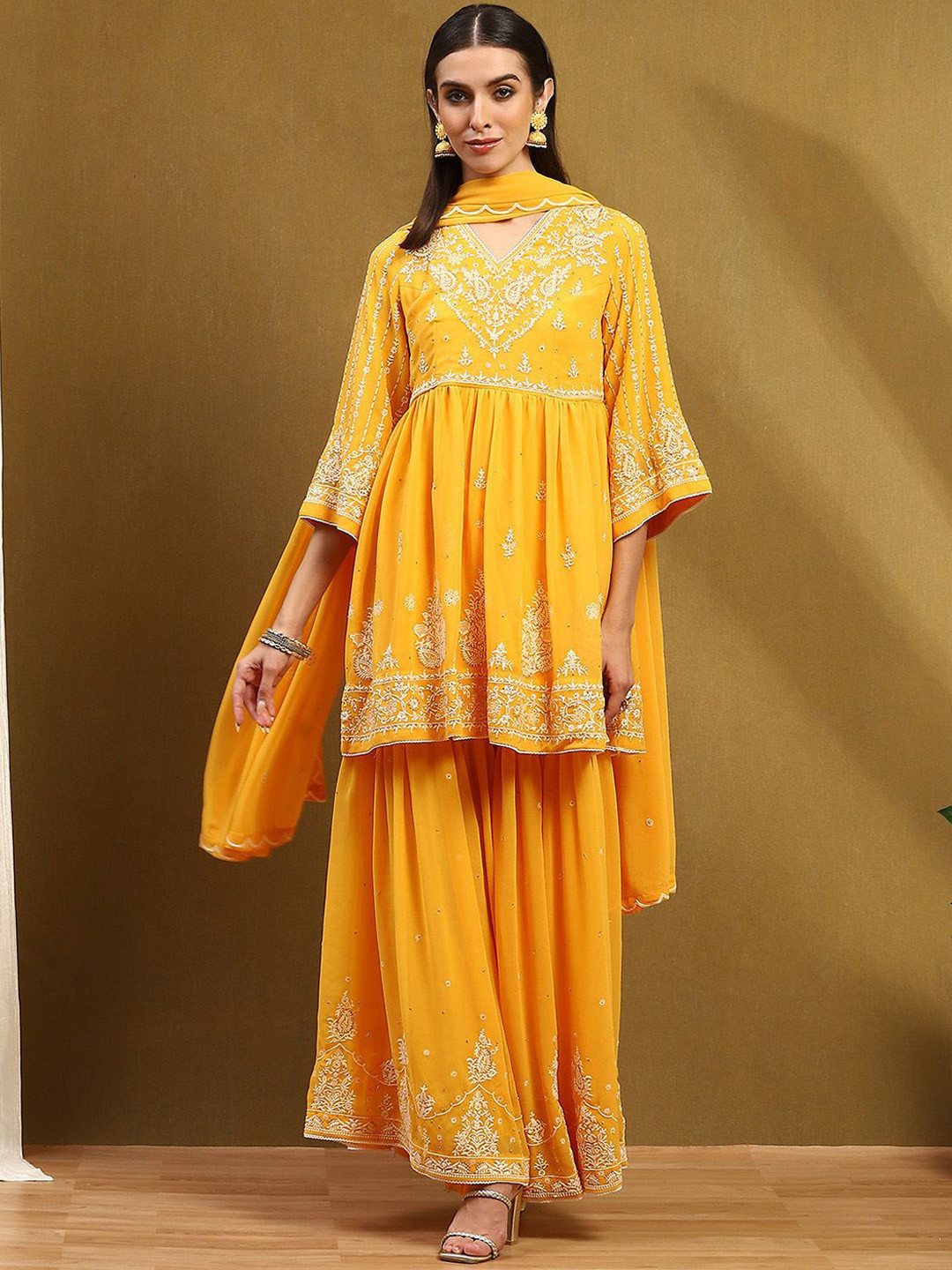 Biba Ethnic Motifs Embroidered Sequinned Georgette A-Line Republic Day Kurta With Sharara & Dupatta