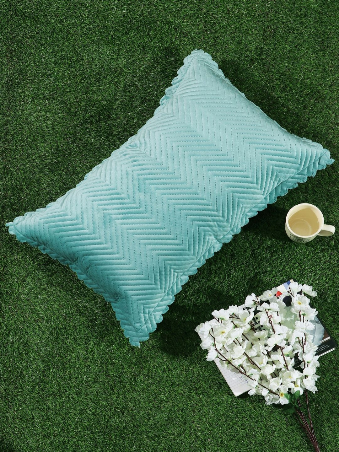 HOSTA HOMES Turquoise Blue & White Self Design Velvet Rectangle Pillow Cover