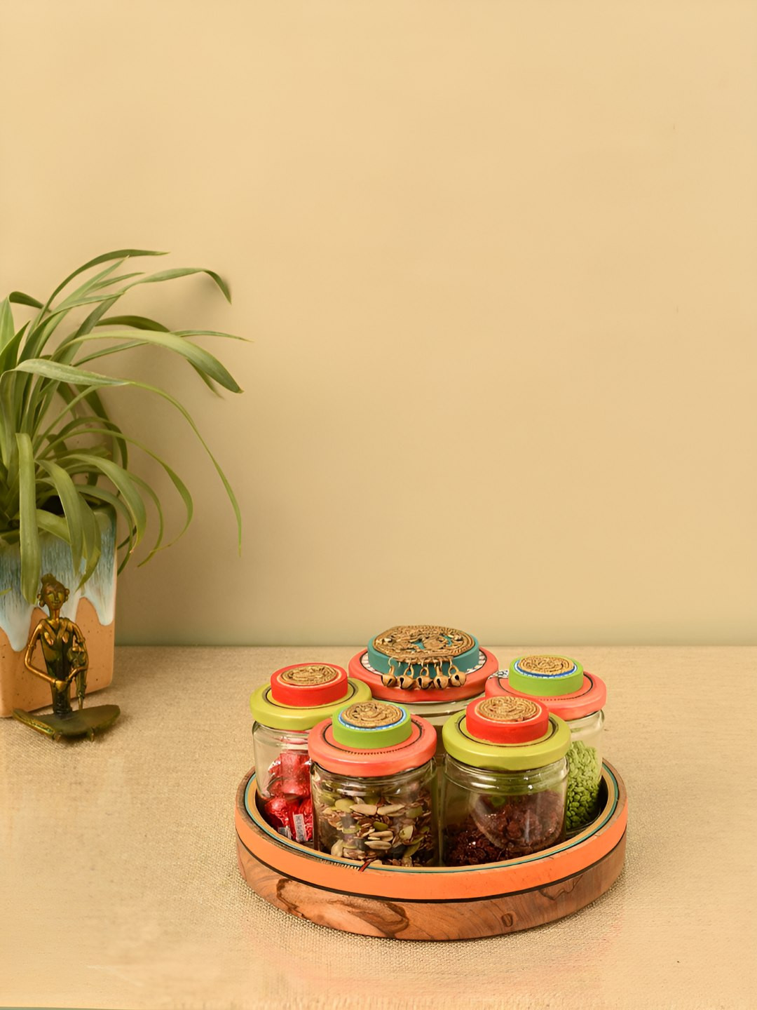 Aakriti Art Creations Brown Floral Wood Dishwasher Safe 5 Piece Clip-On Canister