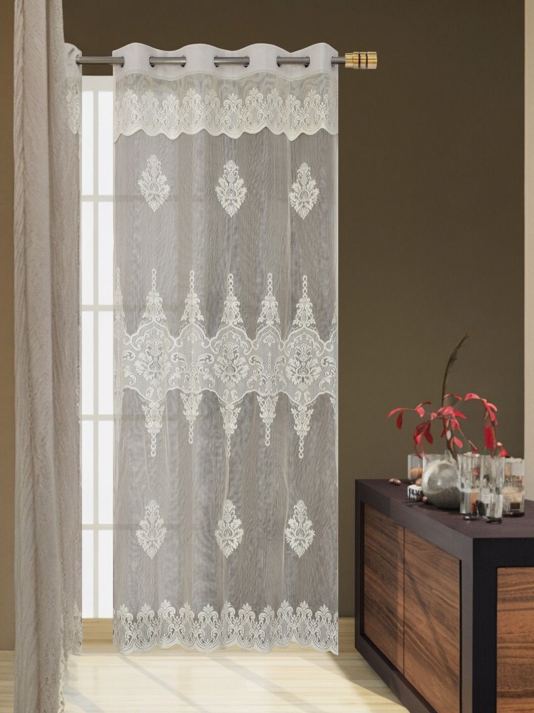 BIGGER FISH Cream-Coloured Floral Sheer Long Door Curtain