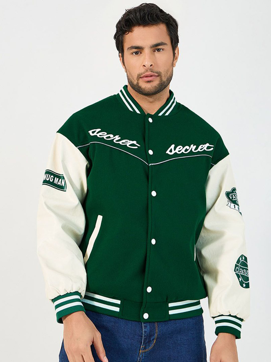 Styli Typography Printed Mandarin Collar Bomber Jacket With Badge Detail