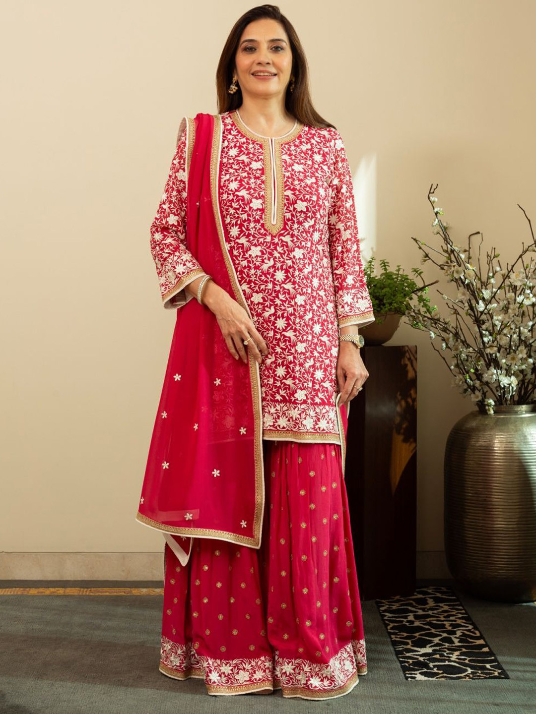 HOUSE OF INARI Floral Embroidered Thread Work Kurta with Sharara & Dupatta